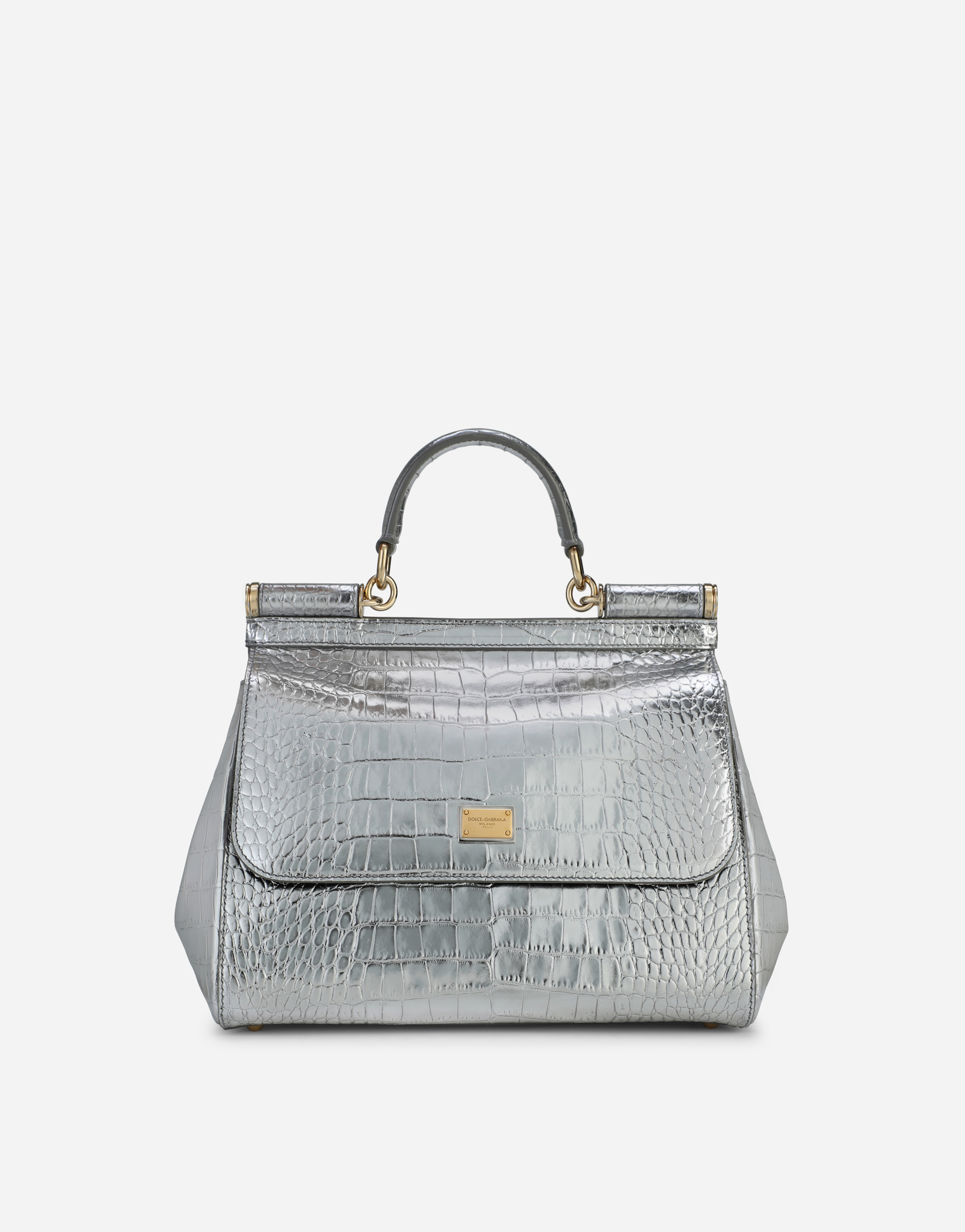 Medium Sicily bag in foiled crocodile-print calfskin in Silver for Women |  Dolce&Gabbana®