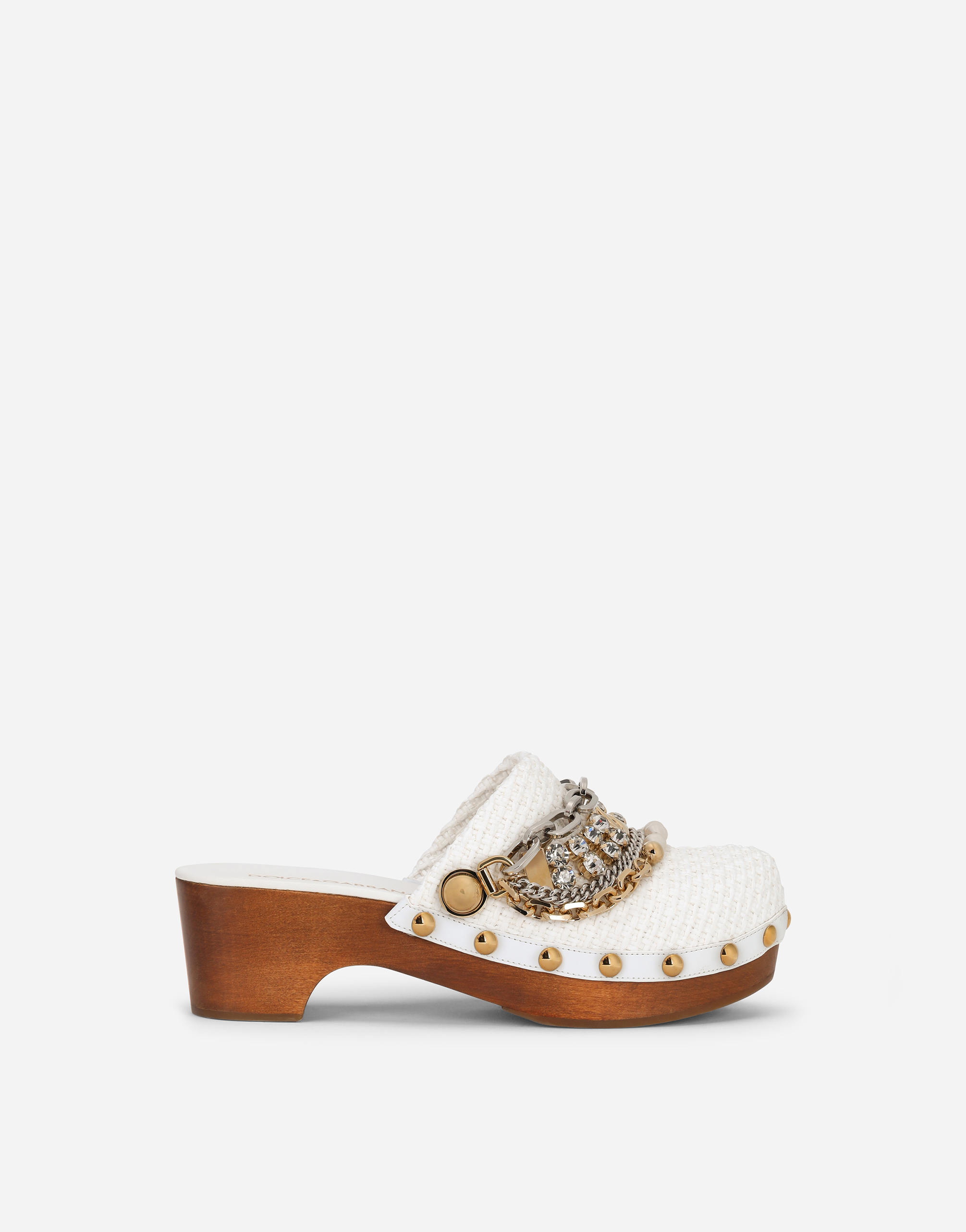 Raffia clogs with bejeweled chain in White