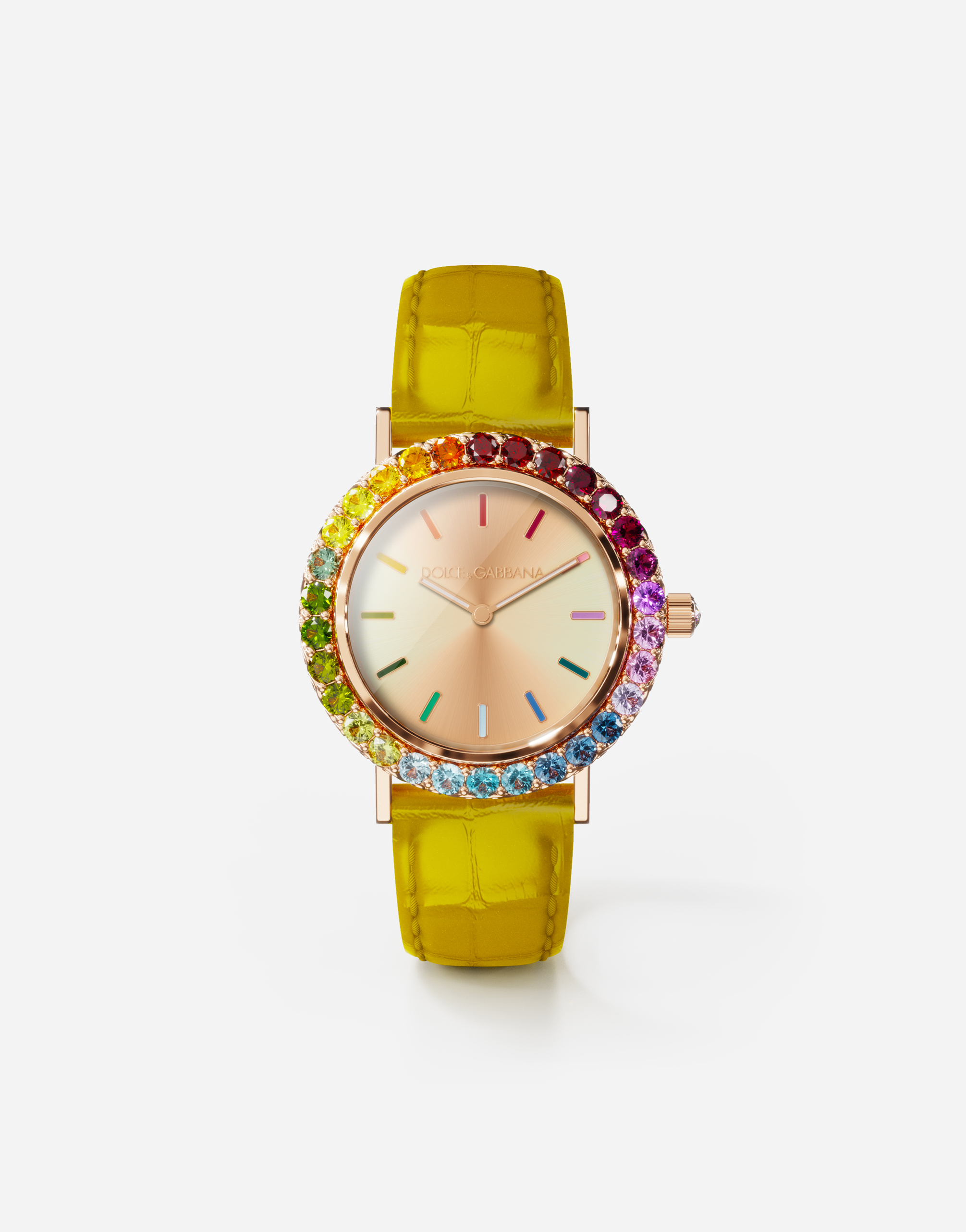 Iris watch in rose gold with multi-colored fine gems in Yellow