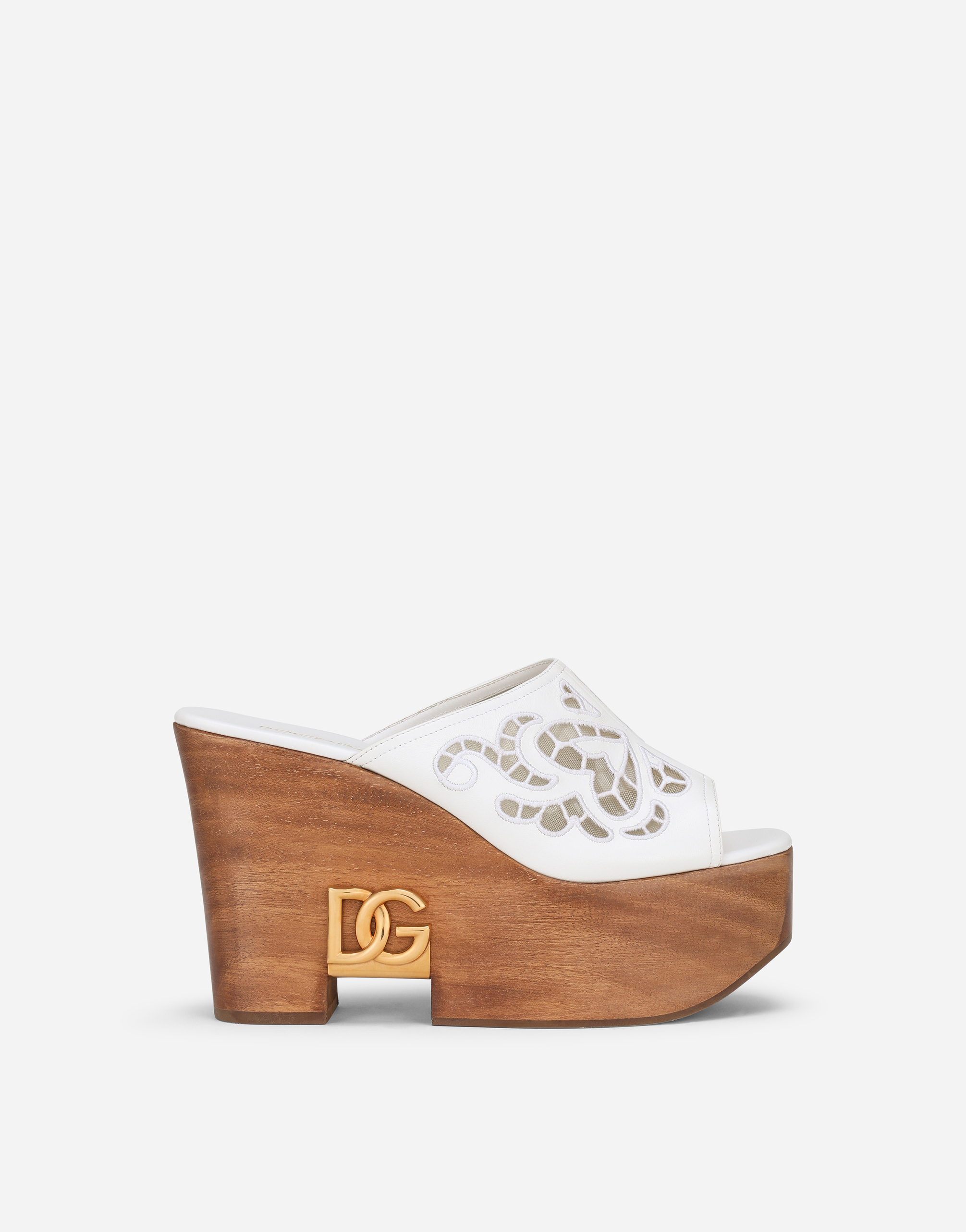 Embroidered nappa leather wedges in White
