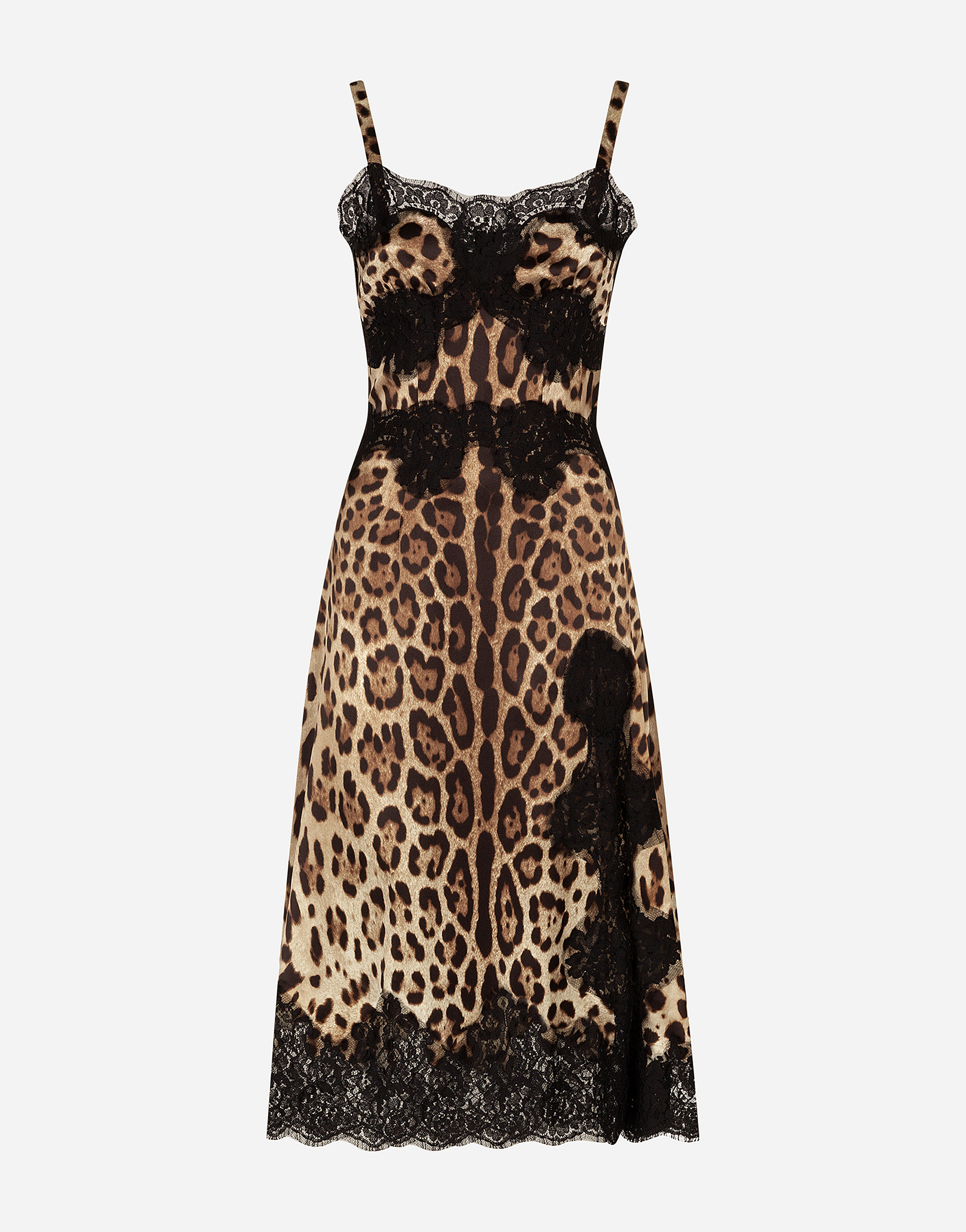 Leopard-print satin midi lingerie-style dress with lace trims in Multicolor