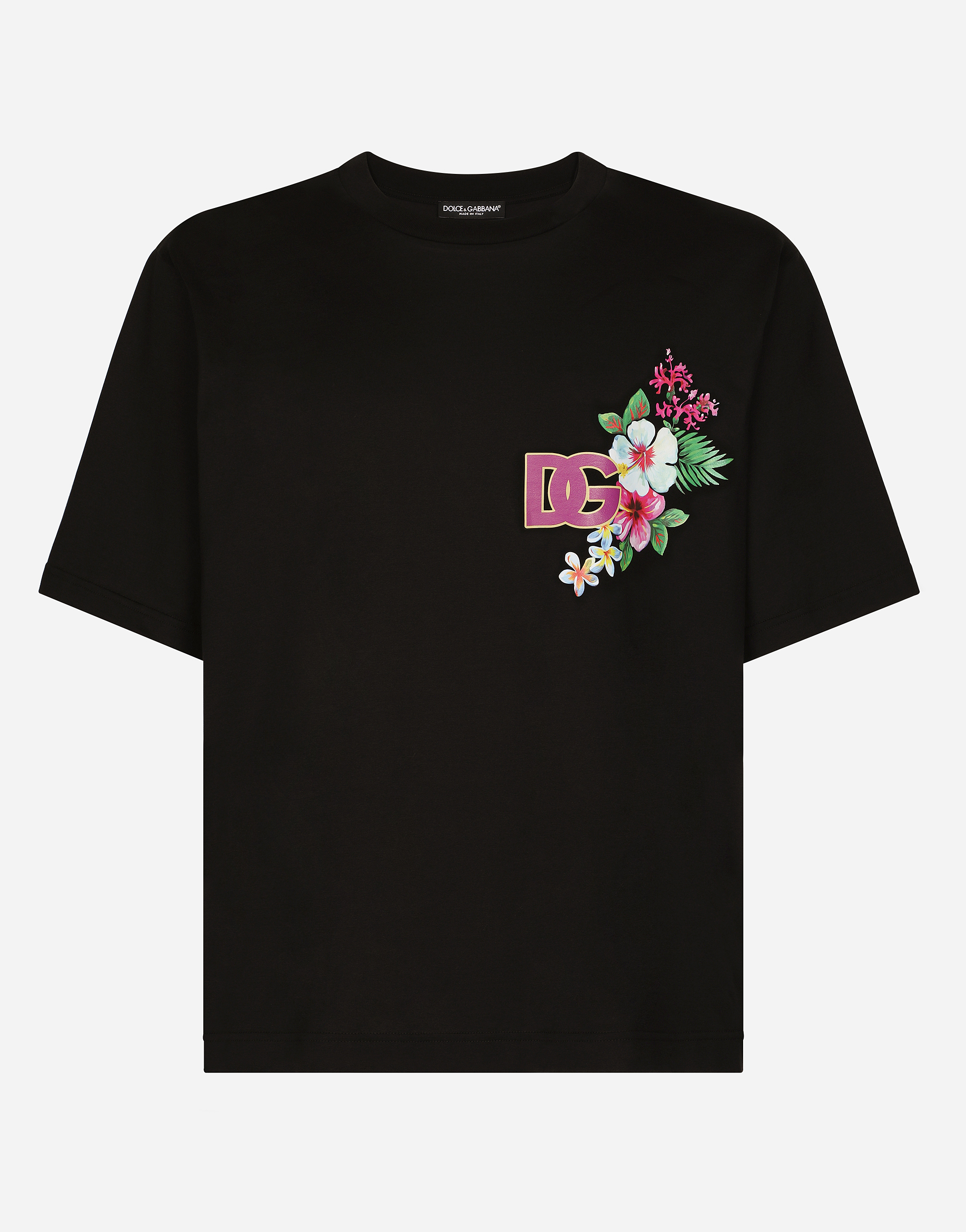 Cotton round-neck T-shirt with Hawaiian print in Black