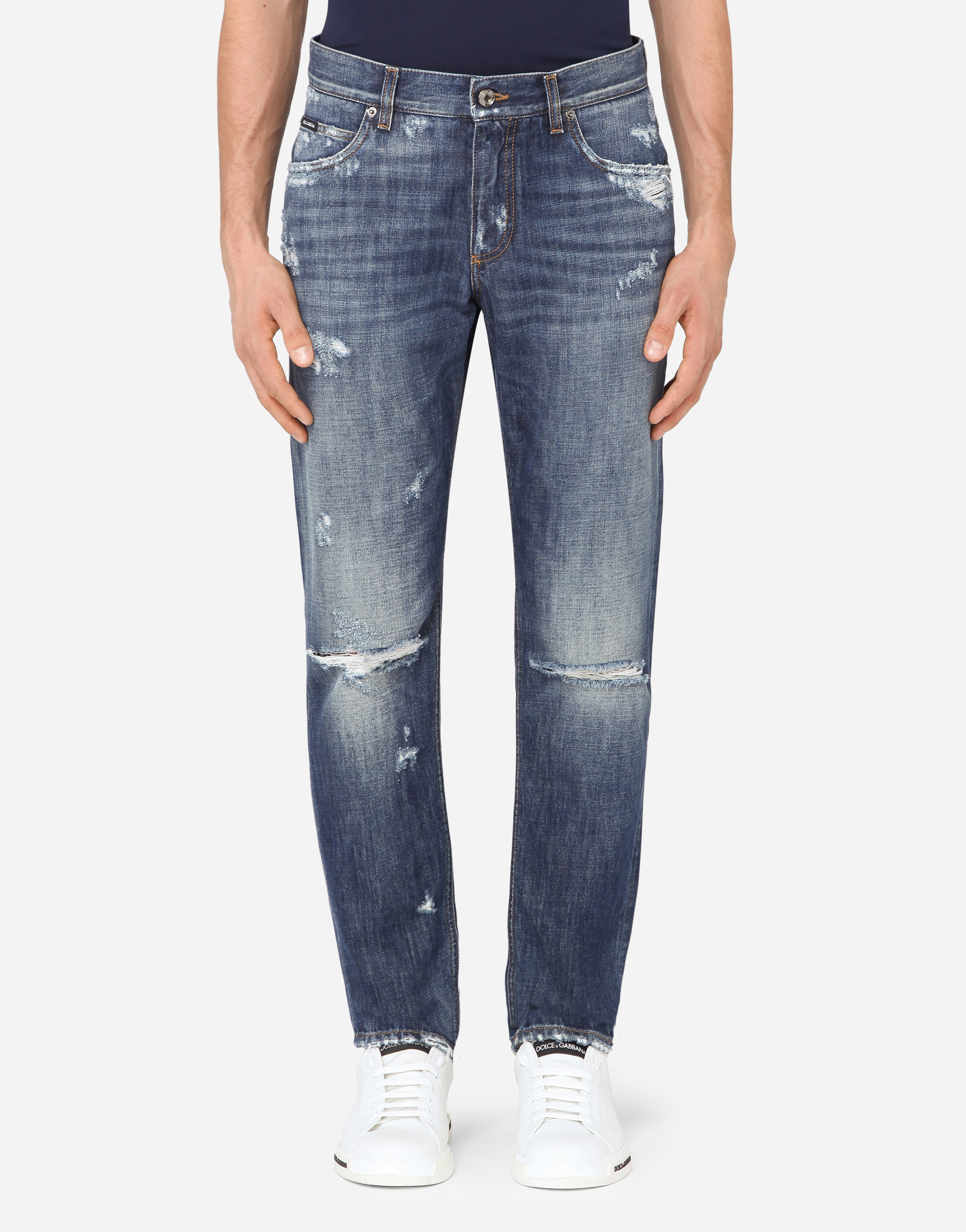Washed blue regular-fit jeans with rips in Azure