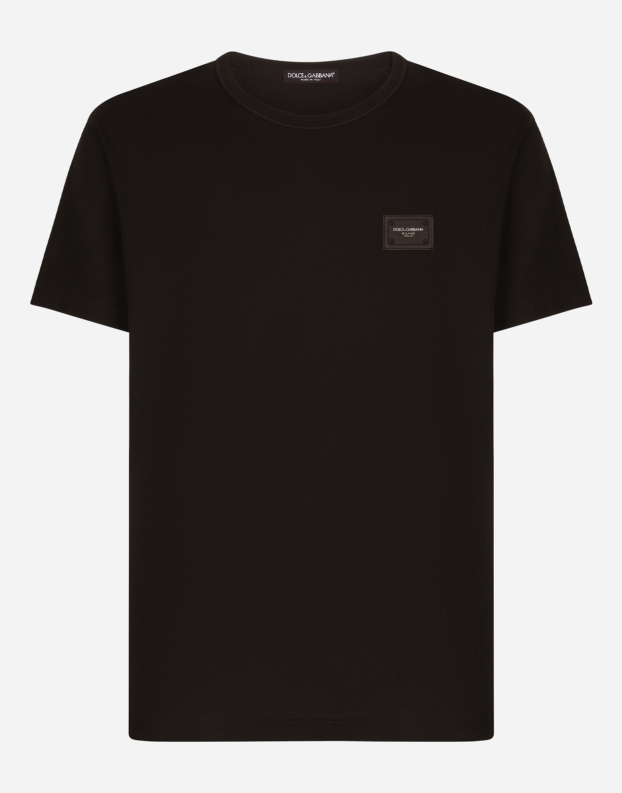 Cotton V-neck T-shirt with branded plate in Black