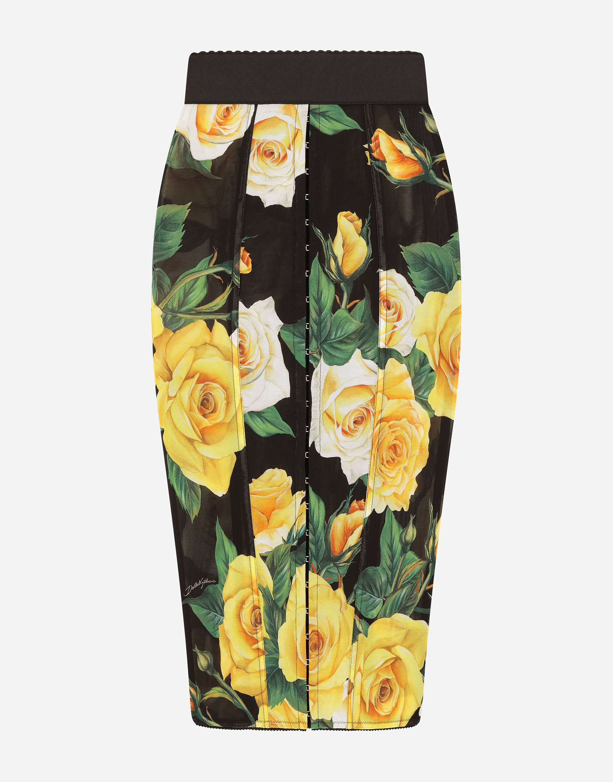 Marquisette midi skirt with yellow rose print in Multicolor