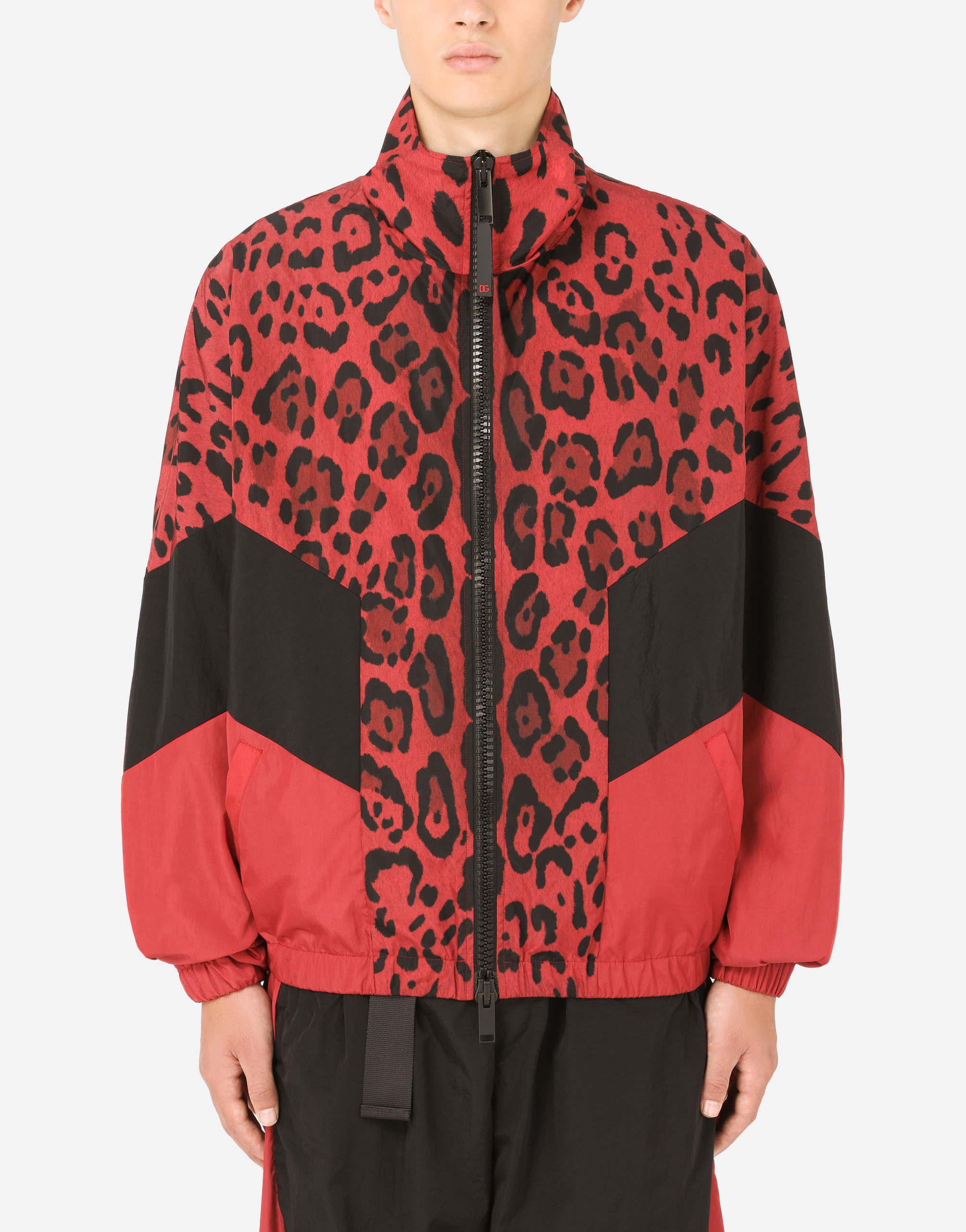 Zip-up leopard-print nylon sweatshirt with embroidery in Multicolor