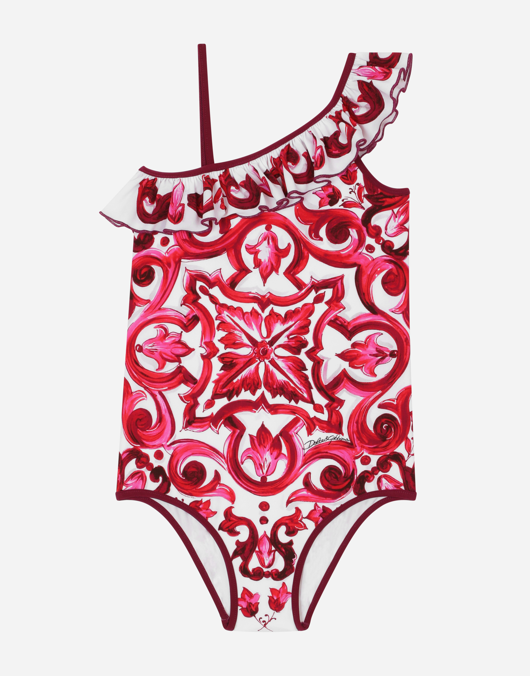 Majolica-print one-piece swimsuit with ruched neckline in Multicolor