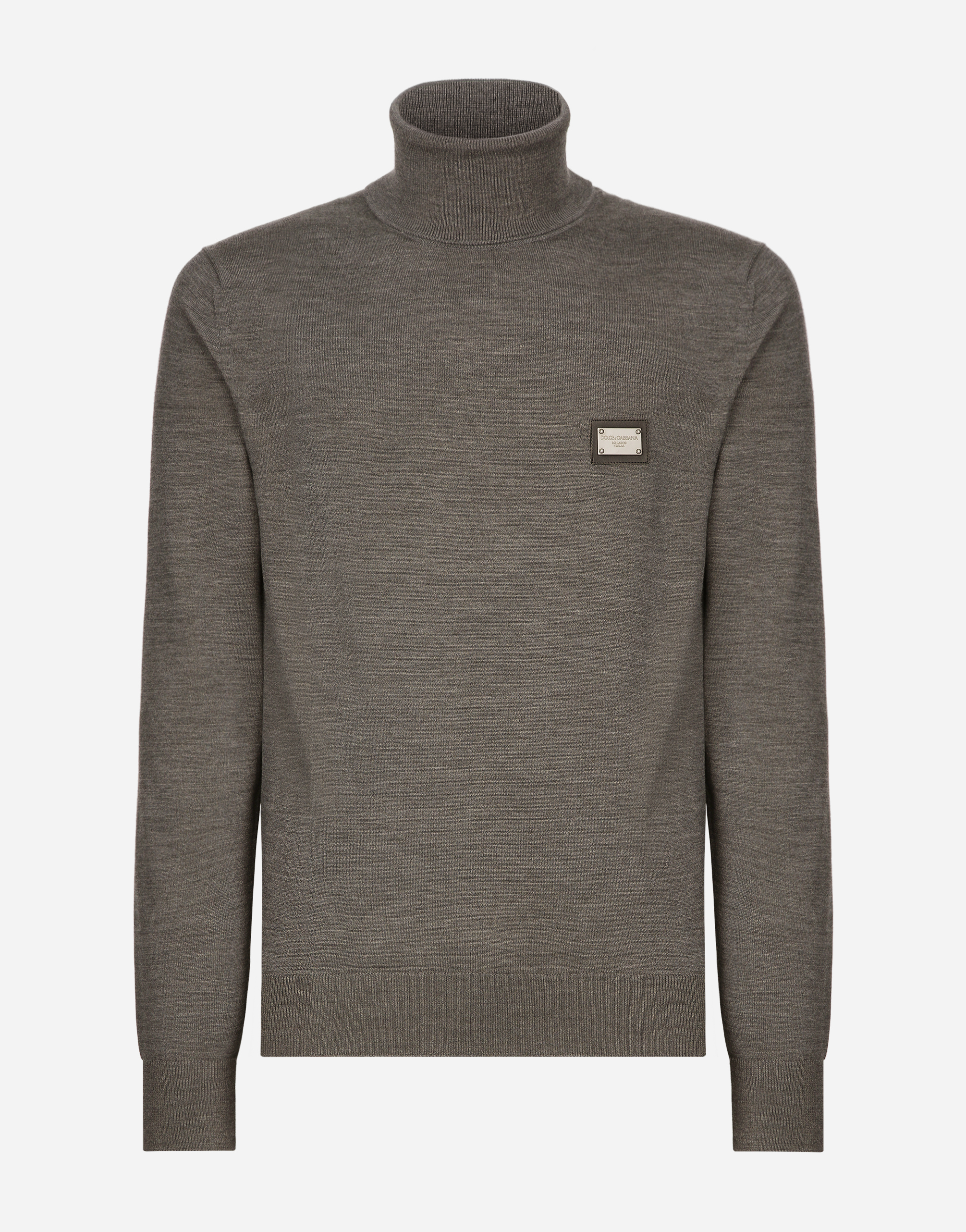 Wool turtle-neck sweater with branded tag in Grey