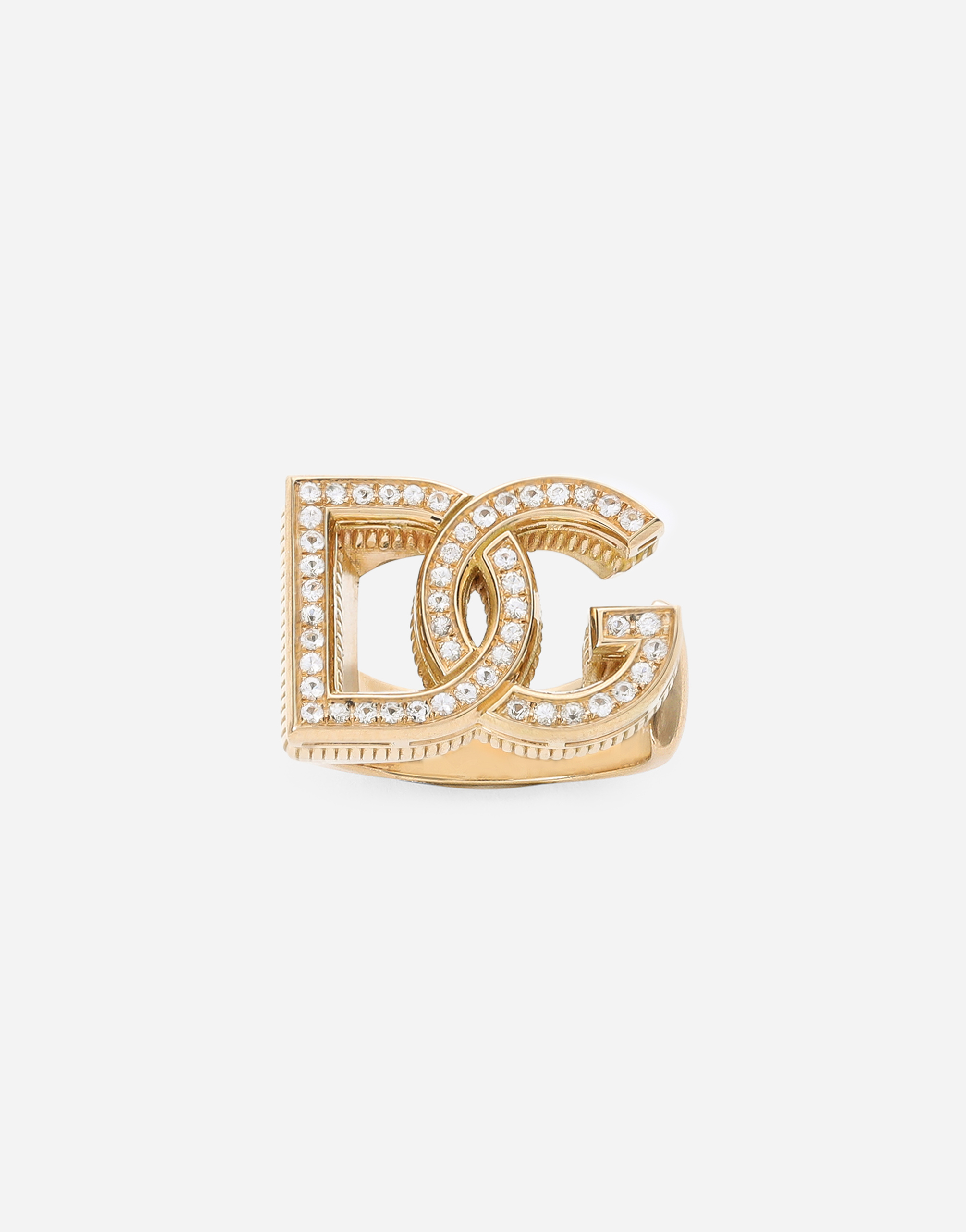 Logo ring in yellow 18kt gold with colourless sapphires in Yellow gold