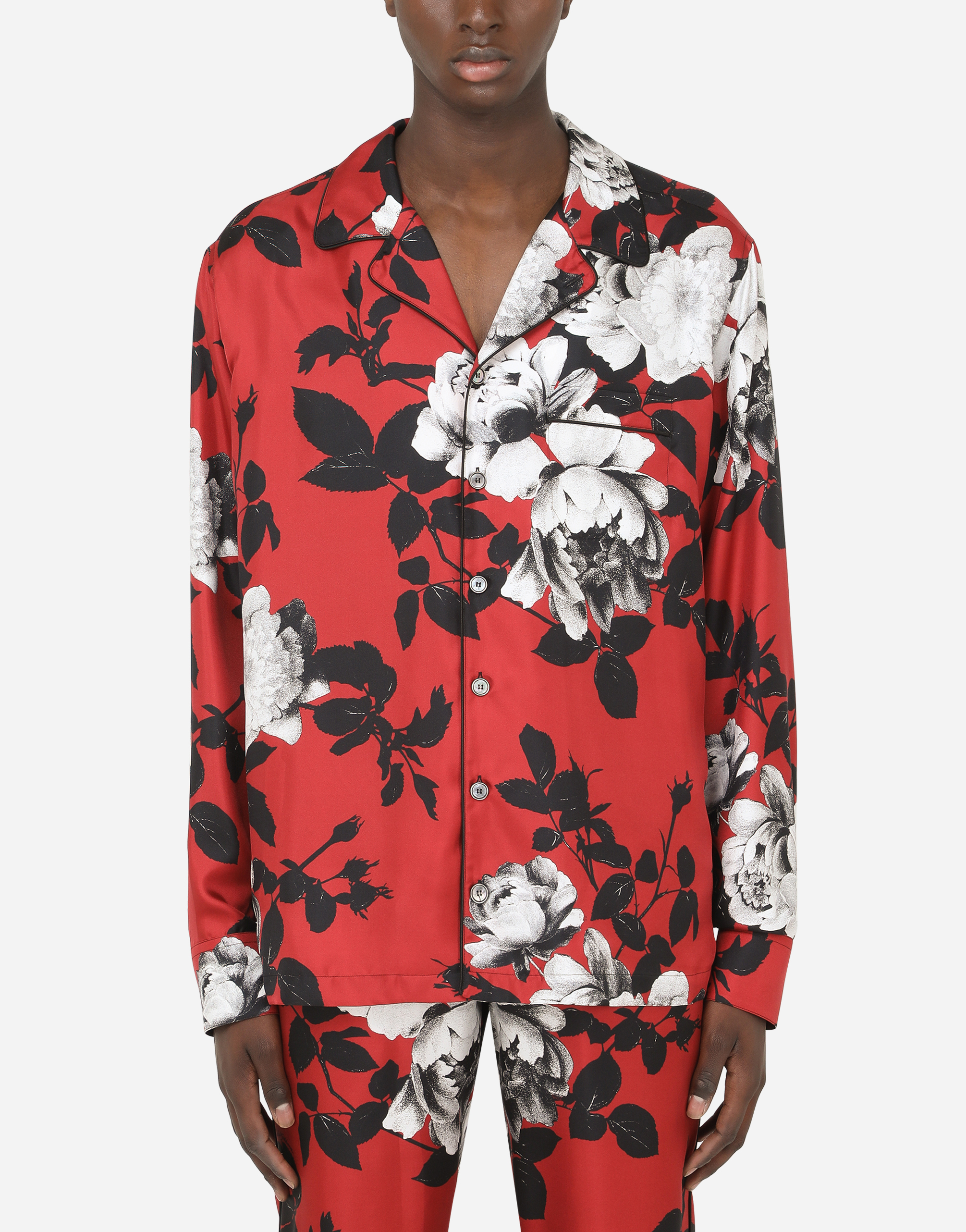 Camellia-print silk pajama shirt in Floral Print