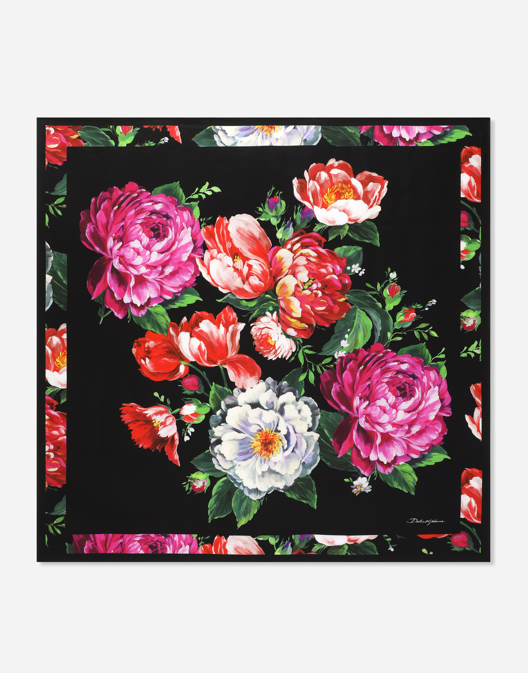 Twill scarf with pictorial floral print (90 x 90) in Multicolor