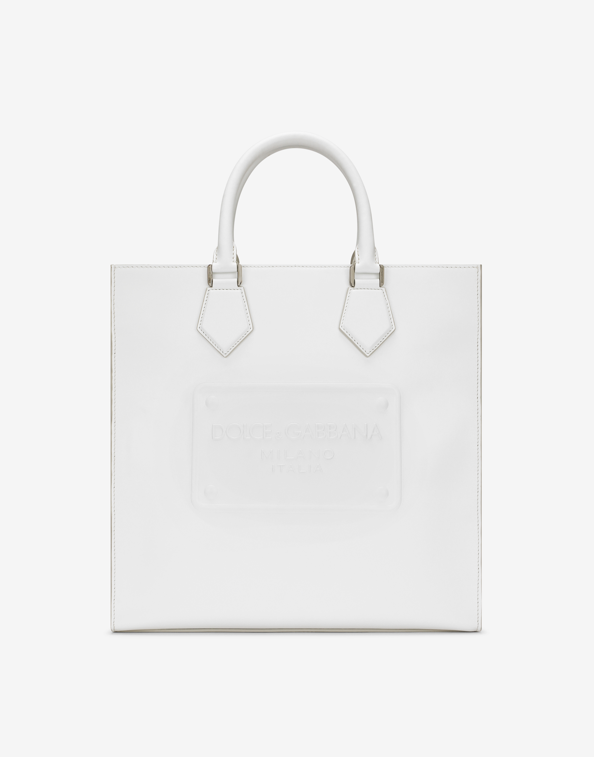 Calfskin tote bag with raised logo in White