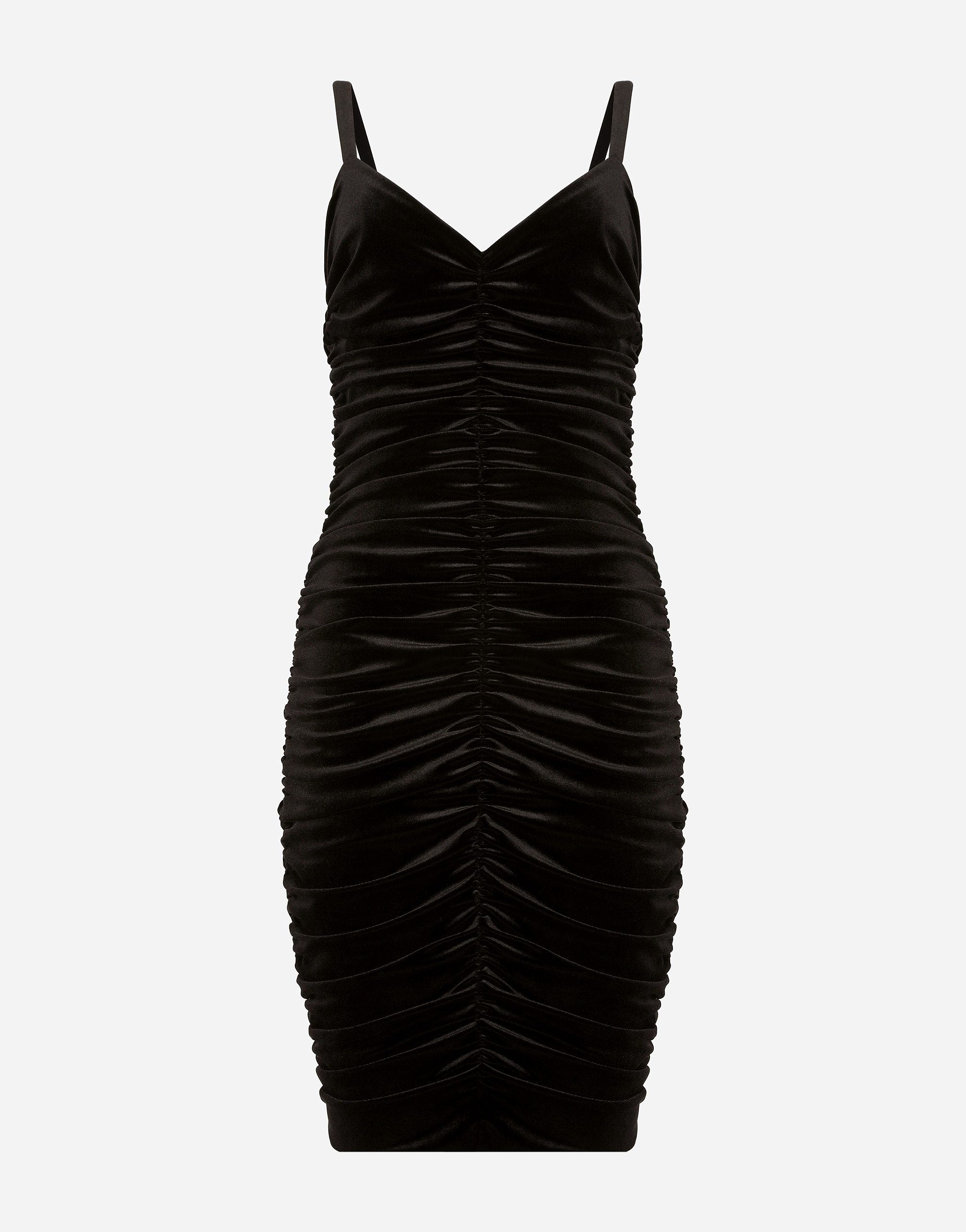Velvet midi dress with draping in Black
