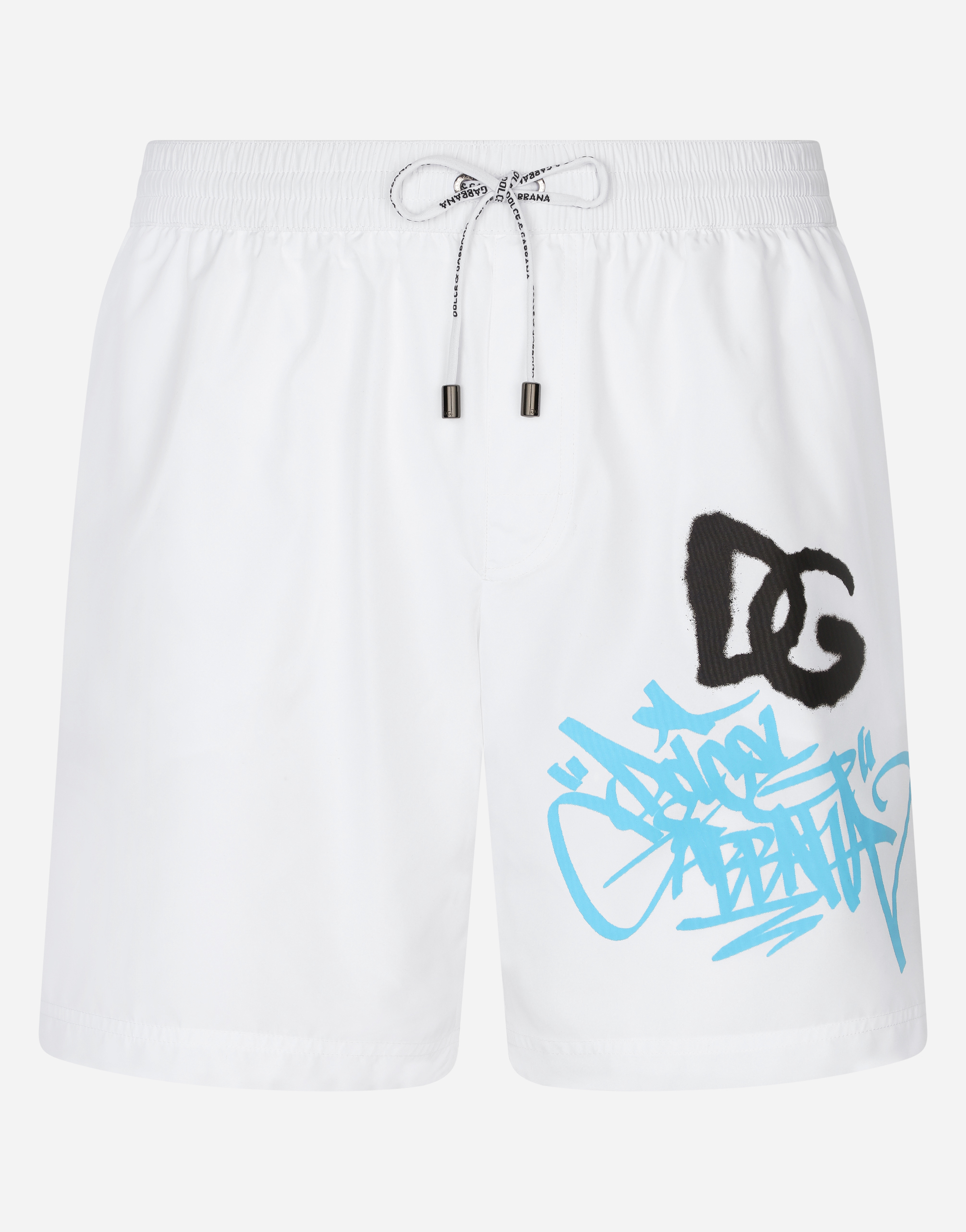 Mid-length swim trunks with spray-paint DG print in Multicolor
