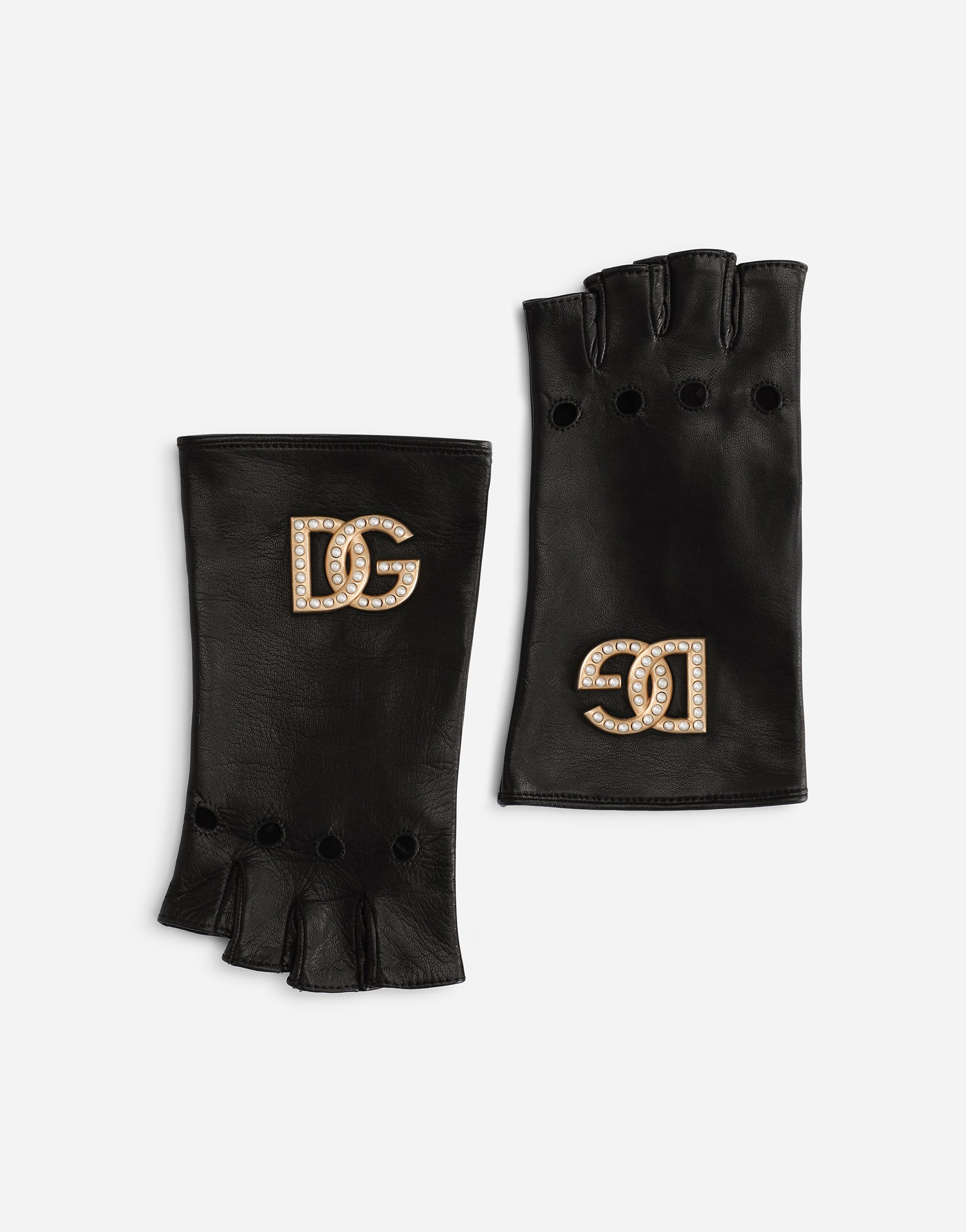Nappa leather gloves with DG logo and pearls in Black