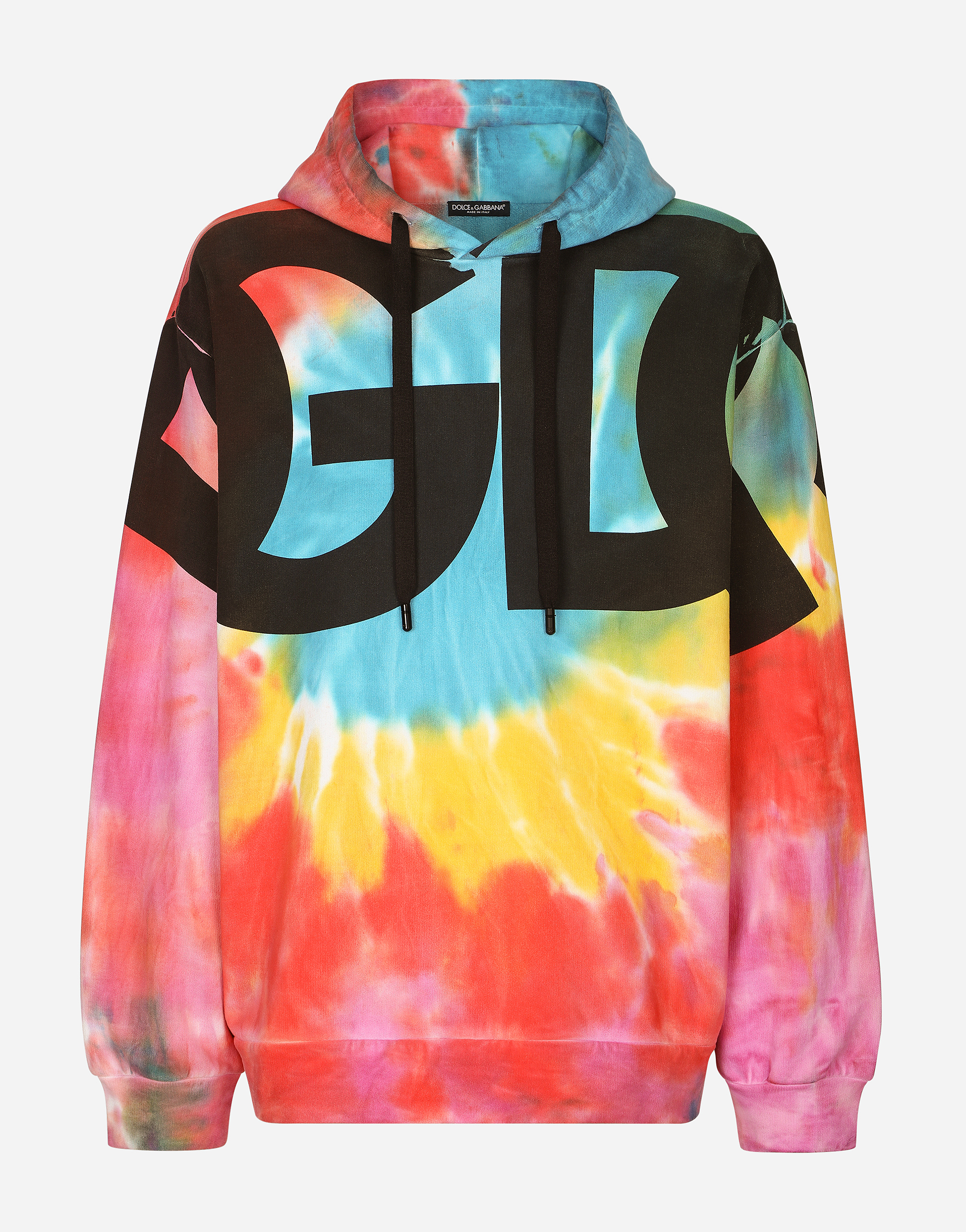 Tie-dye jersey hoodie with print in Multicolor