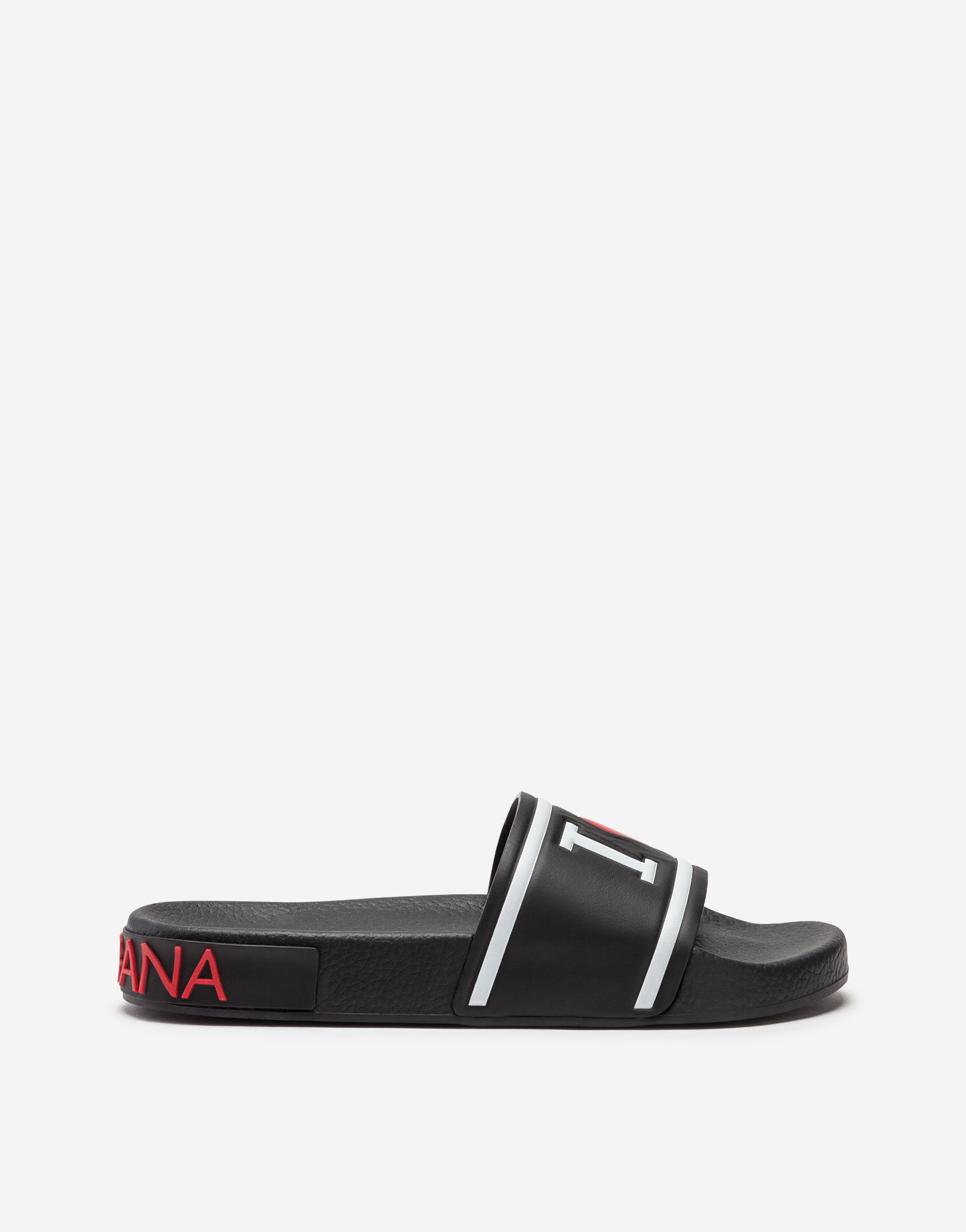 Rubber and calfskin slides with high-frequency detailing in Multicolor