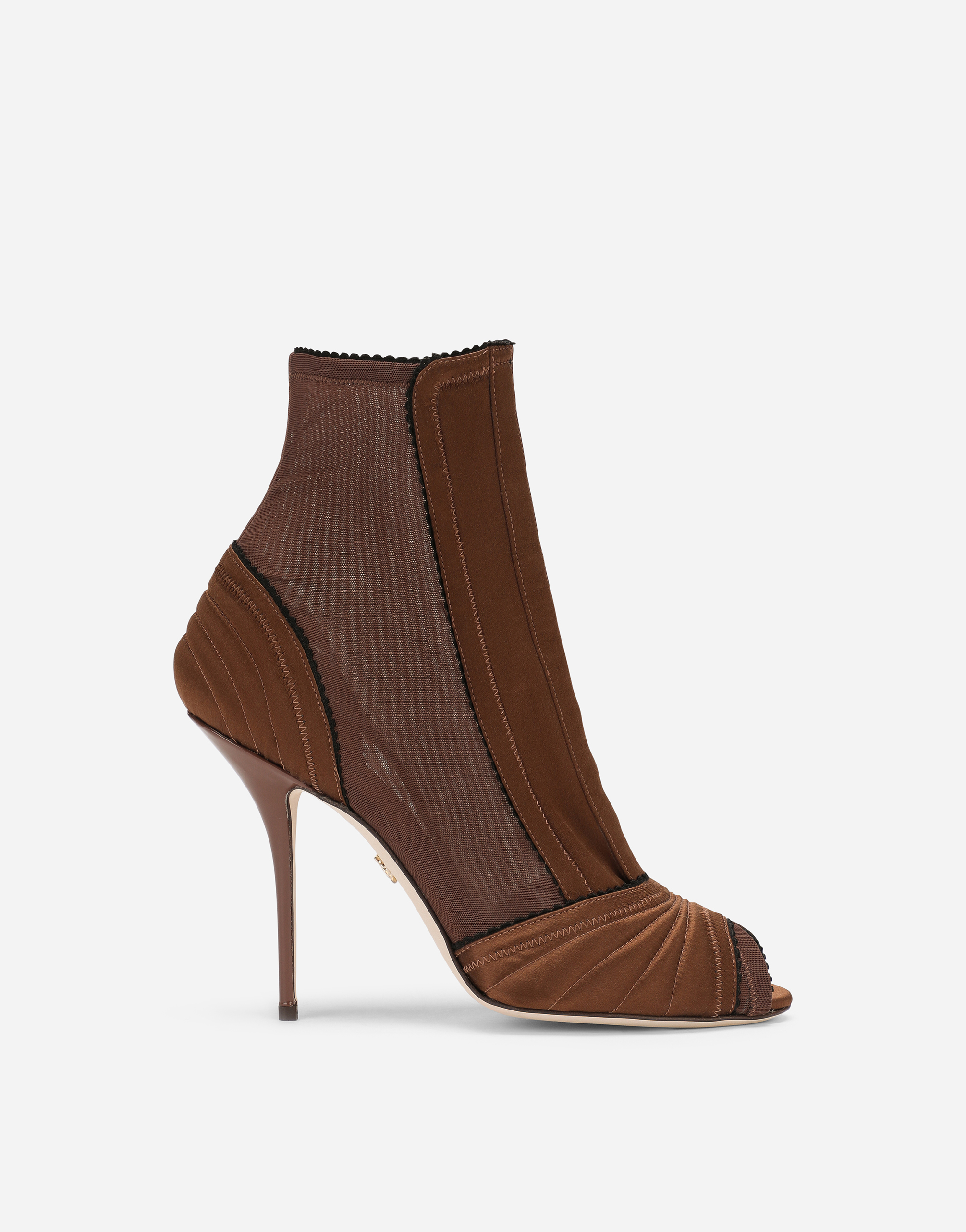 Peep-toe ankle boots in corset-style satin in Brown