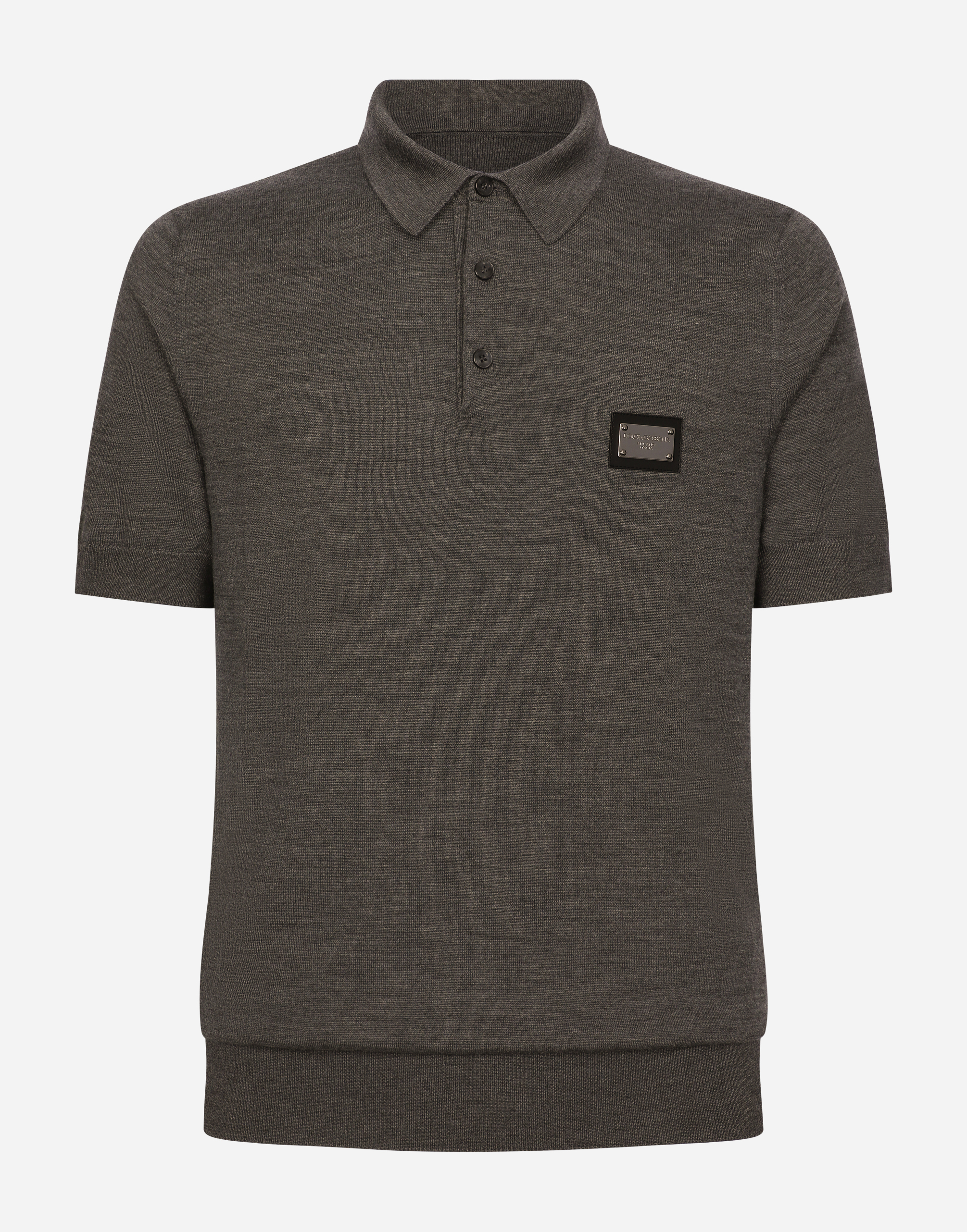 Wool polo-shirt with branded tag in Grey