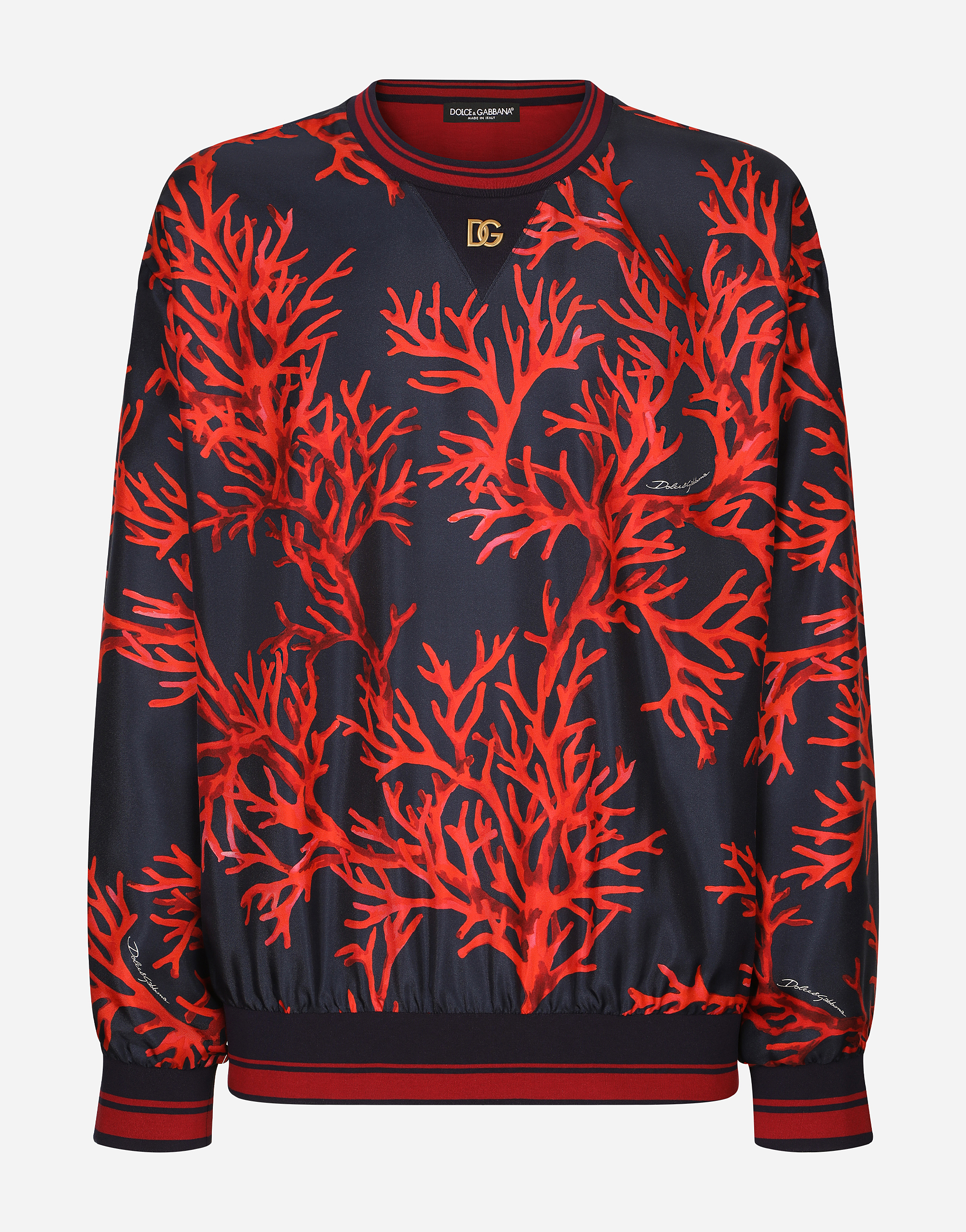 Coral-print silk sweatshirt with DG patch in Multicolor
