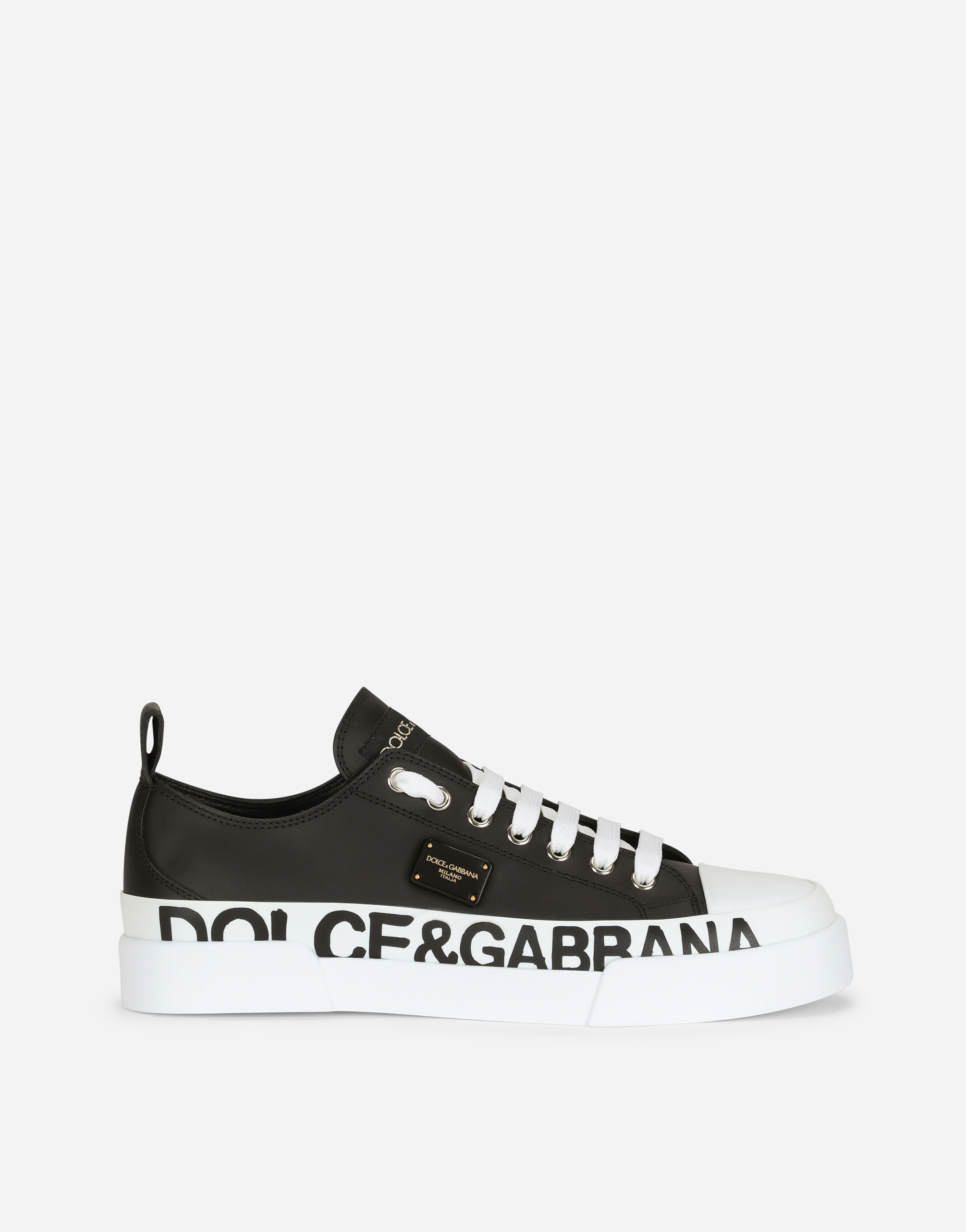 Calfskin Portofino light sneakers with logo-detailed plate and logo print in Black/White