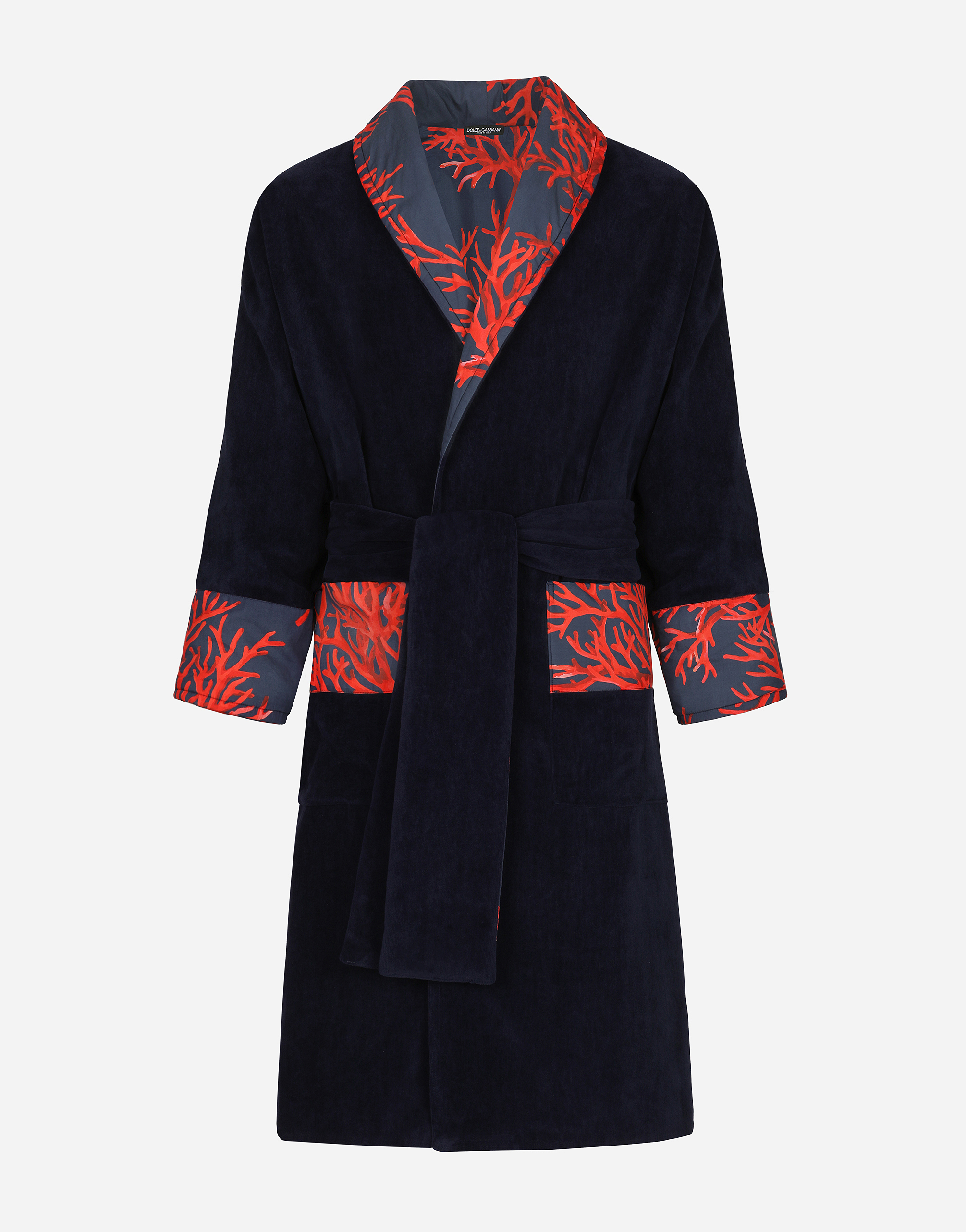 Cotton bathrobe with coral-print details in Multicolor