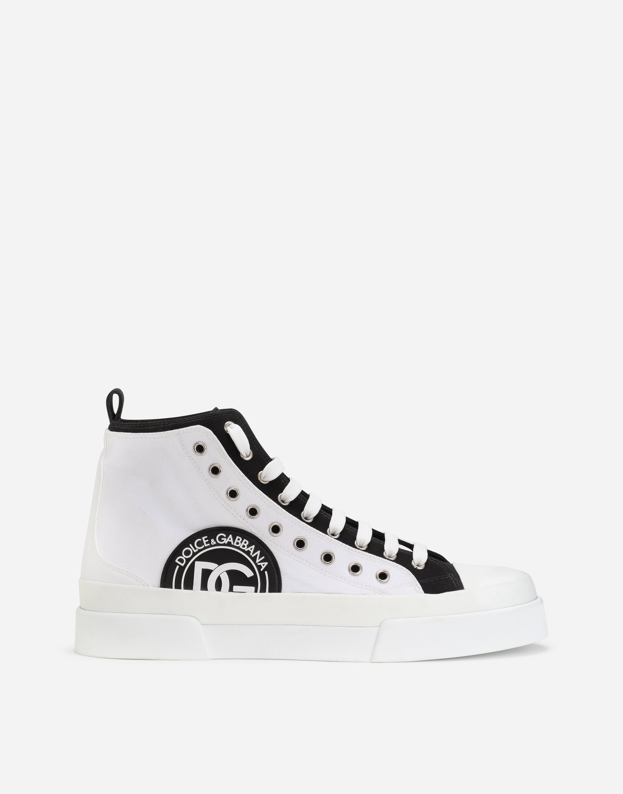 Two-tone canvas Portofino Light mid-top sneakers with DG logo in White/Black
