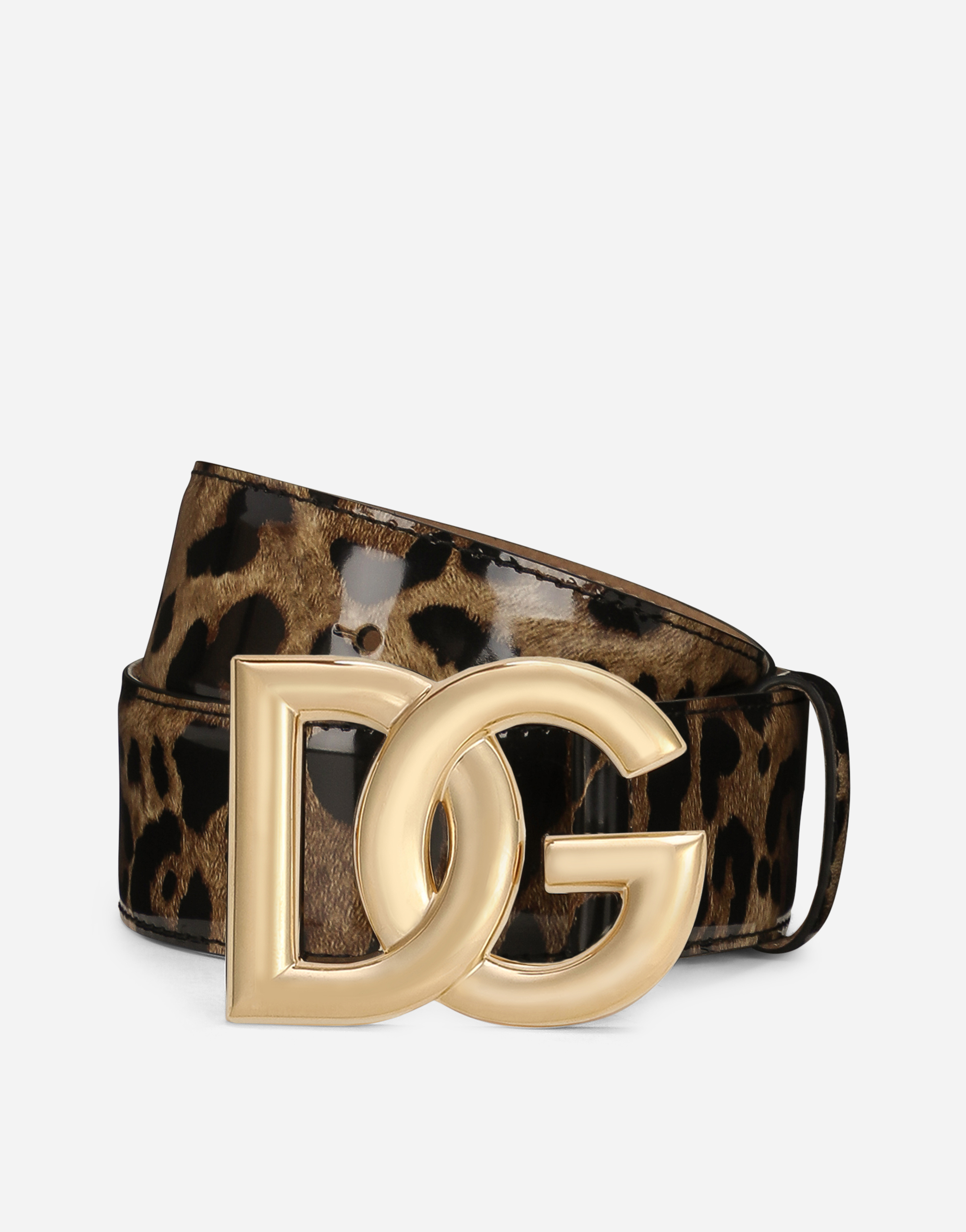 KIM DOLCE&GABBANA Leopard-print glossy calfskin belt with DG logo in Animal Print
