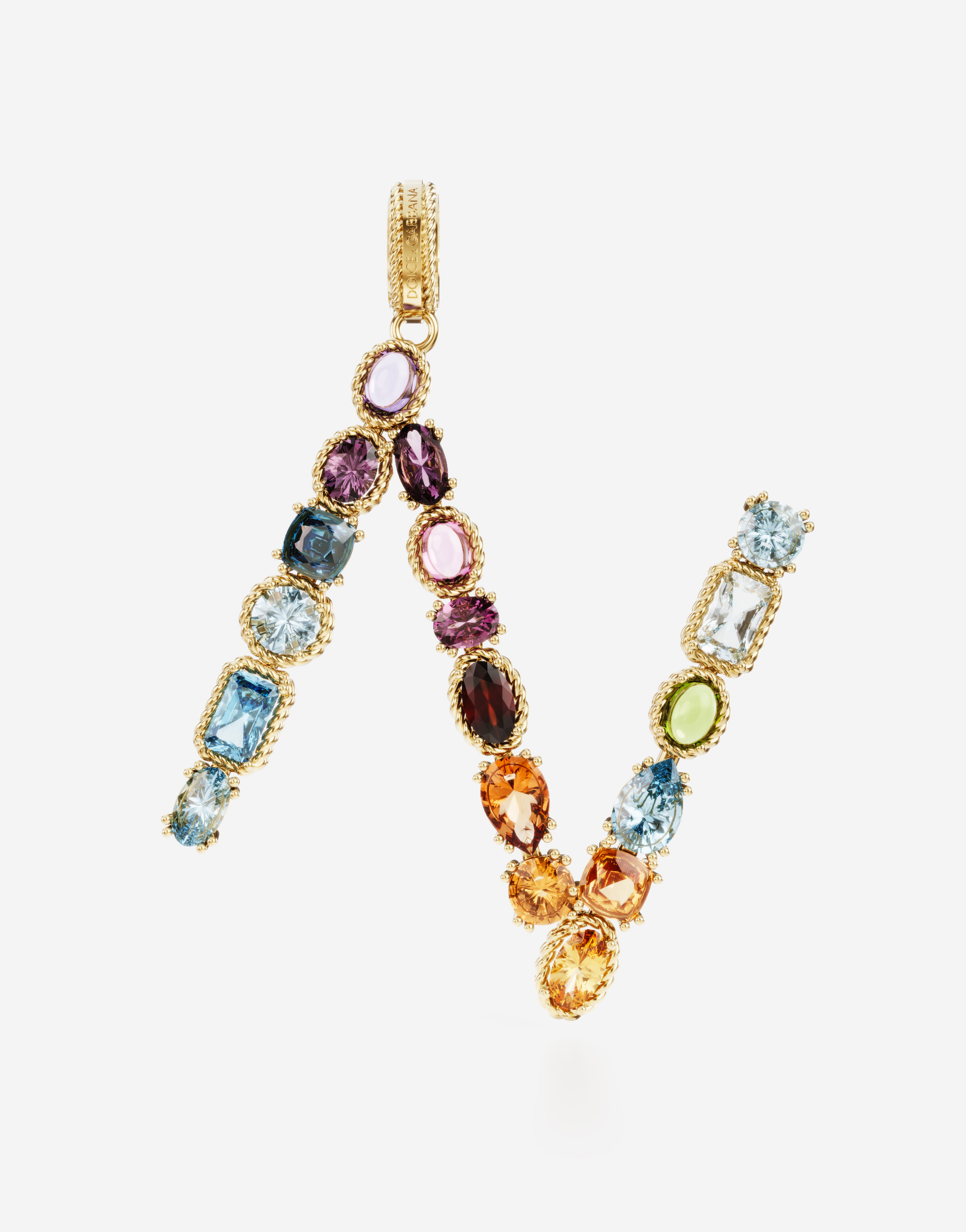 Rainbow alphabet N 18 kt yellow gold charm with multicolor fine gems in Gold