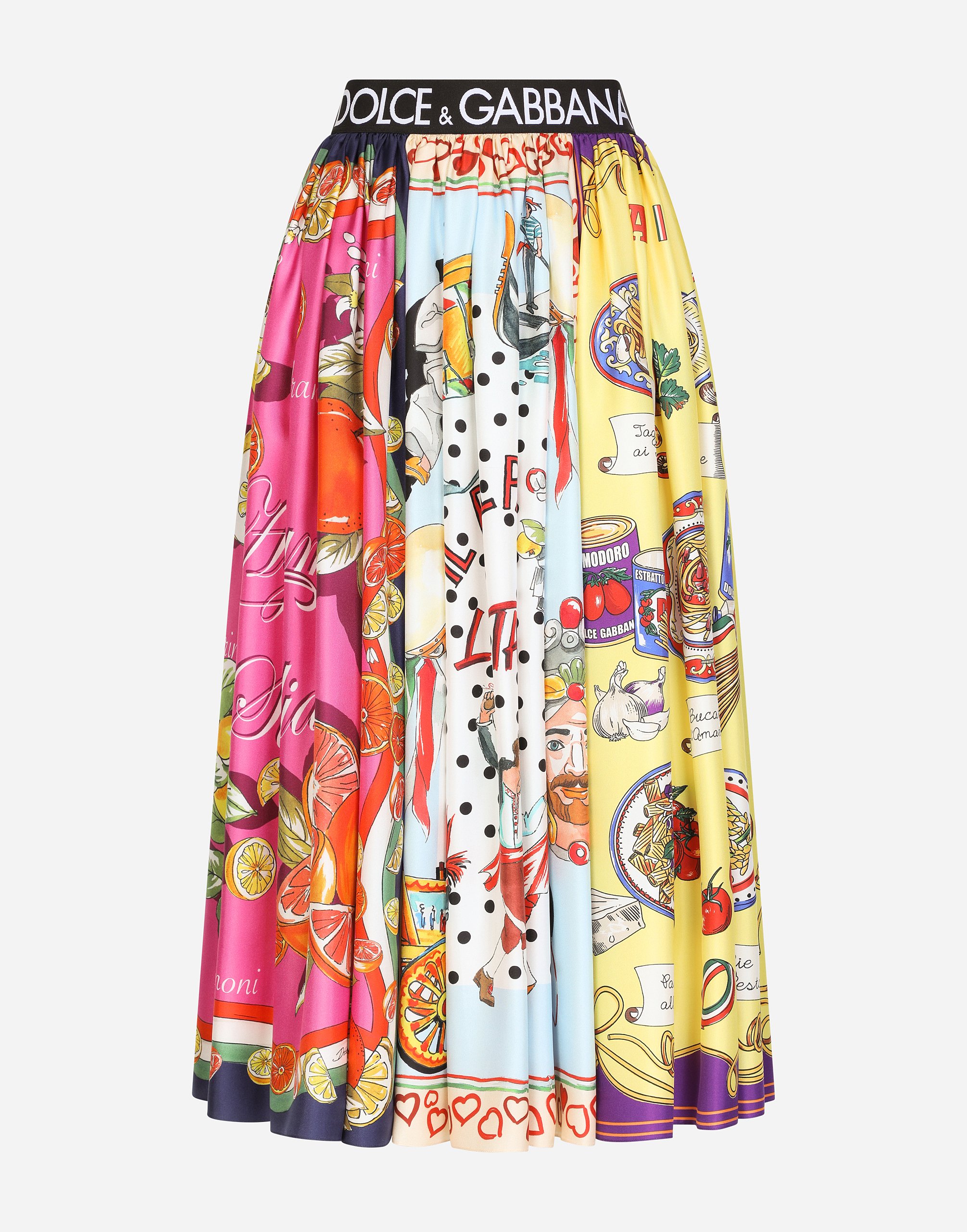 Twill calf-length skirt with mixed panels in Multicolor