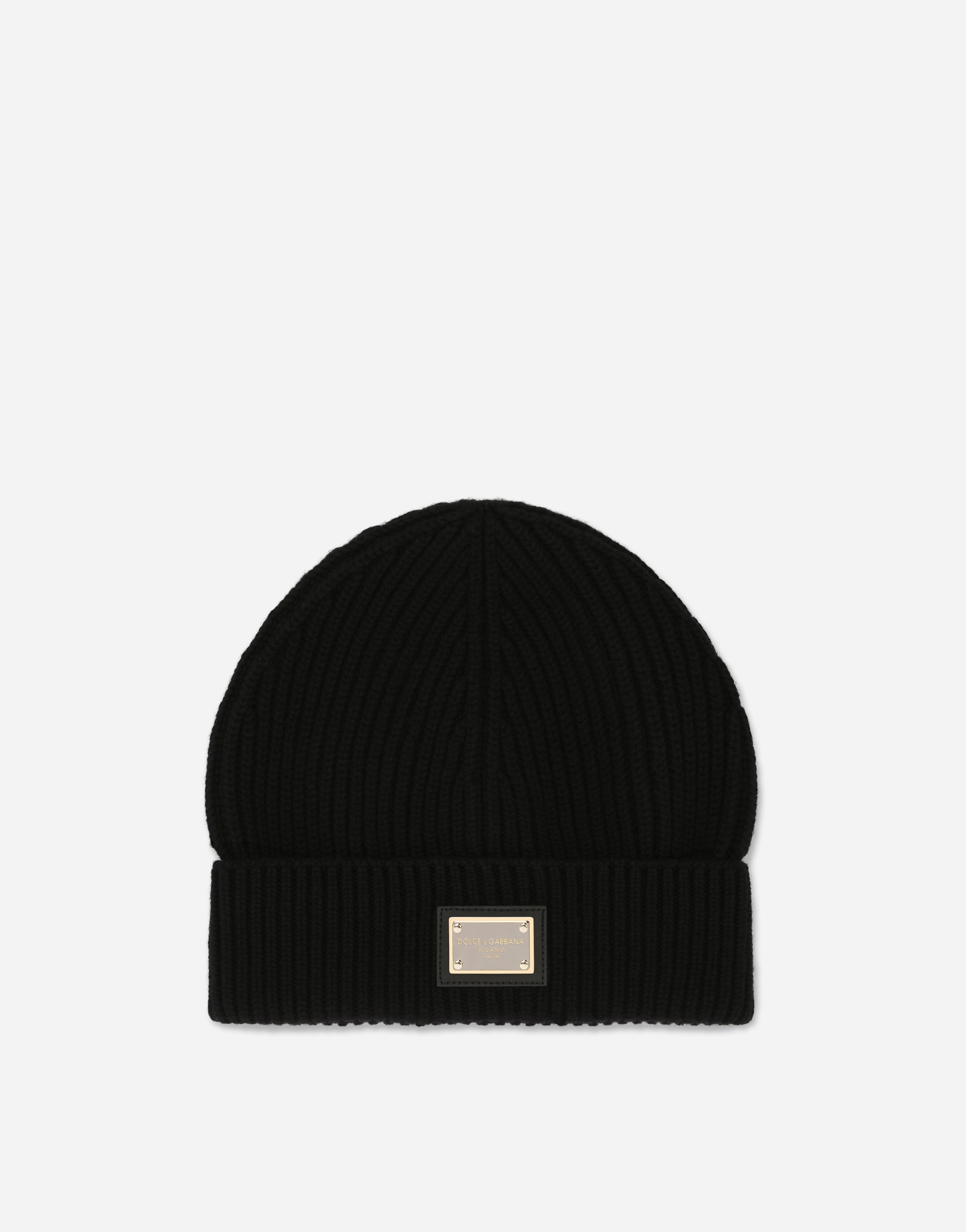 Knit cashmere hat with branded plate in Black