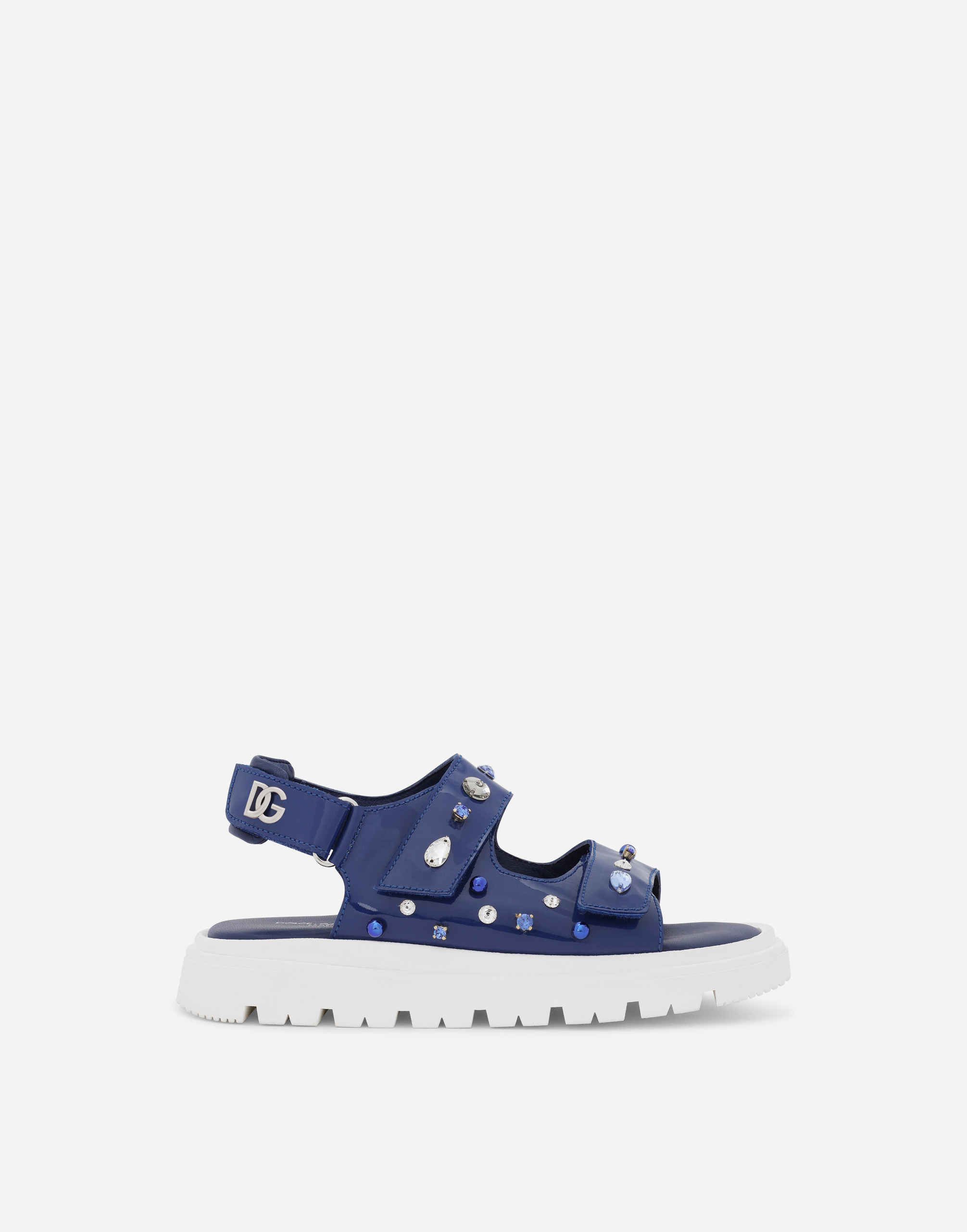 Patent leather sandals with rhinestone embellishment in Blue