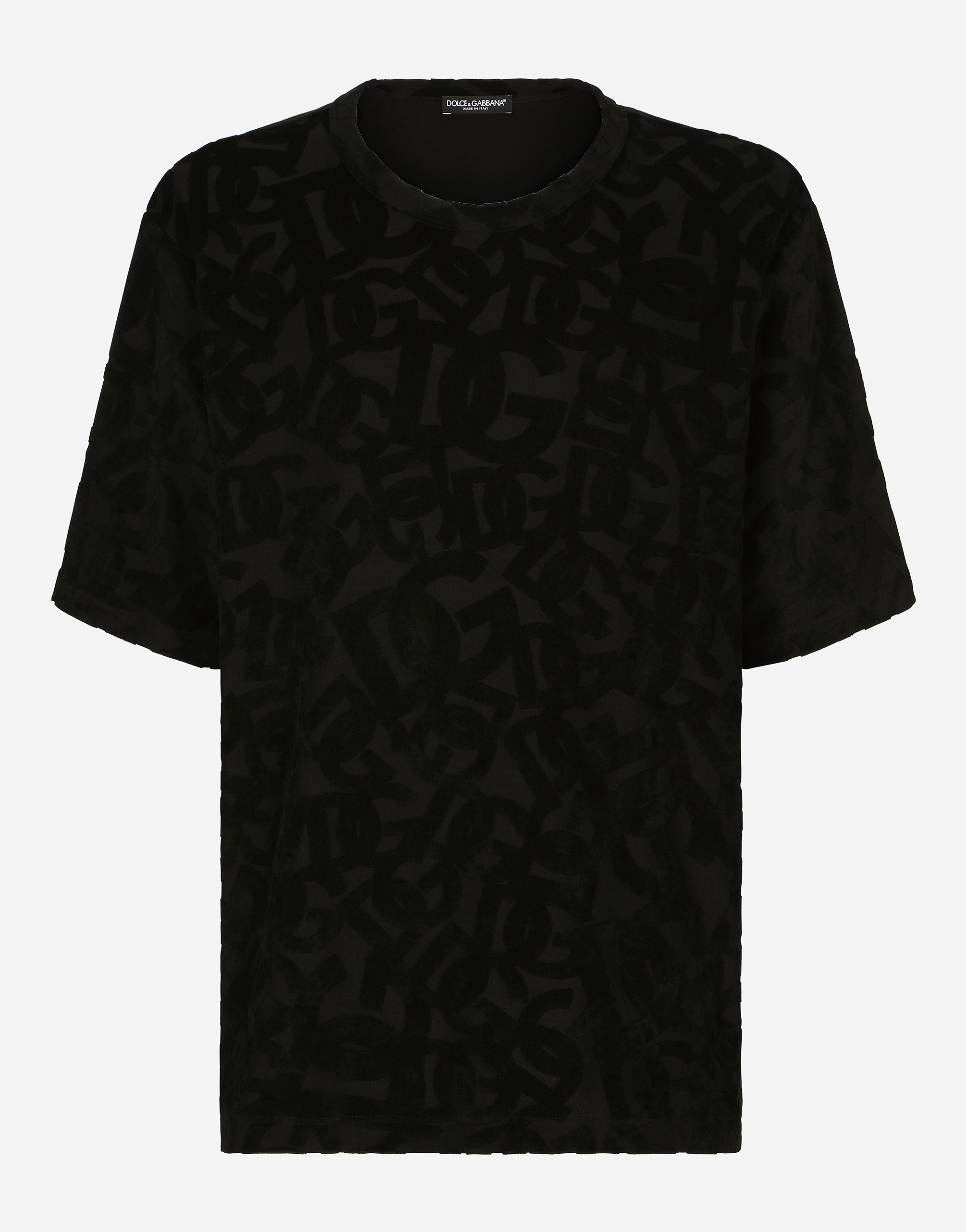 Cotton T-shirt with all-over flocked DG print in Black