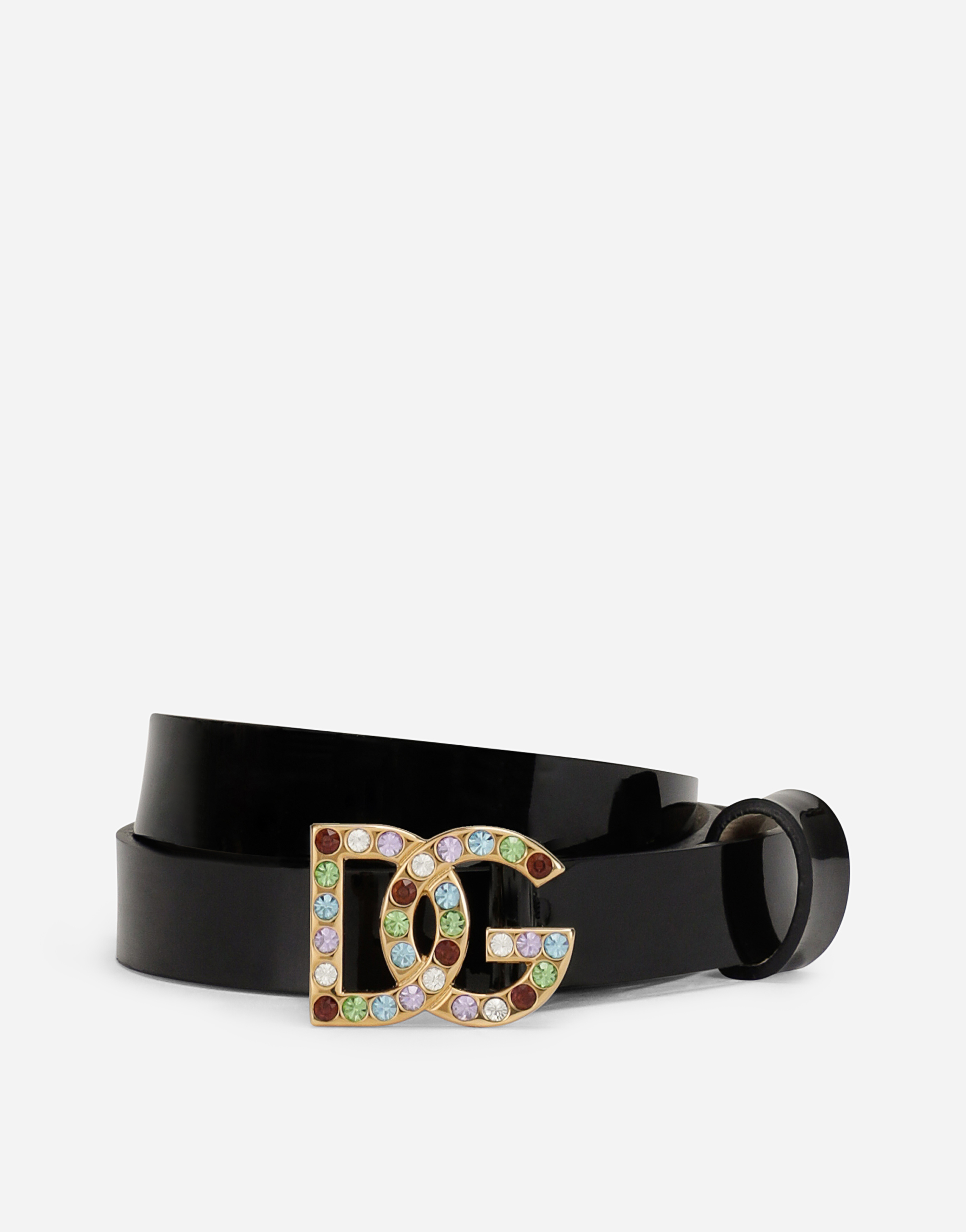 Patent leather belt with multi-colored crystals in Black