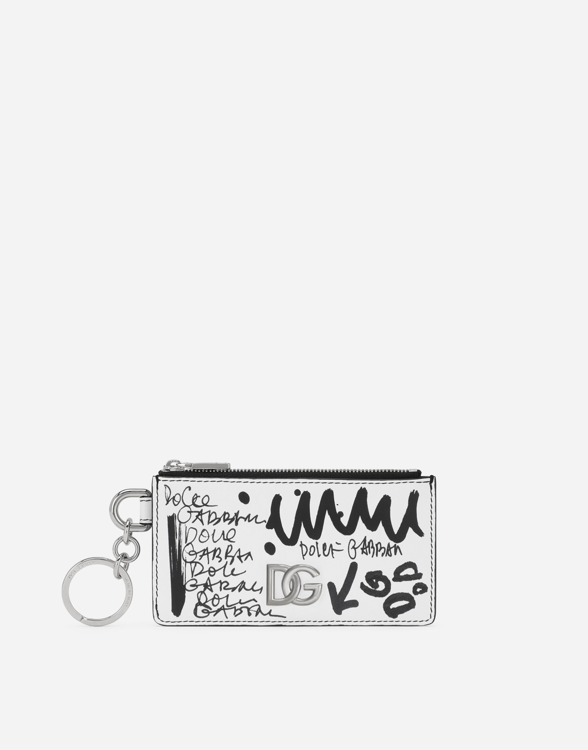 Graffiti-print calfskin card holder with ring in Multicolor