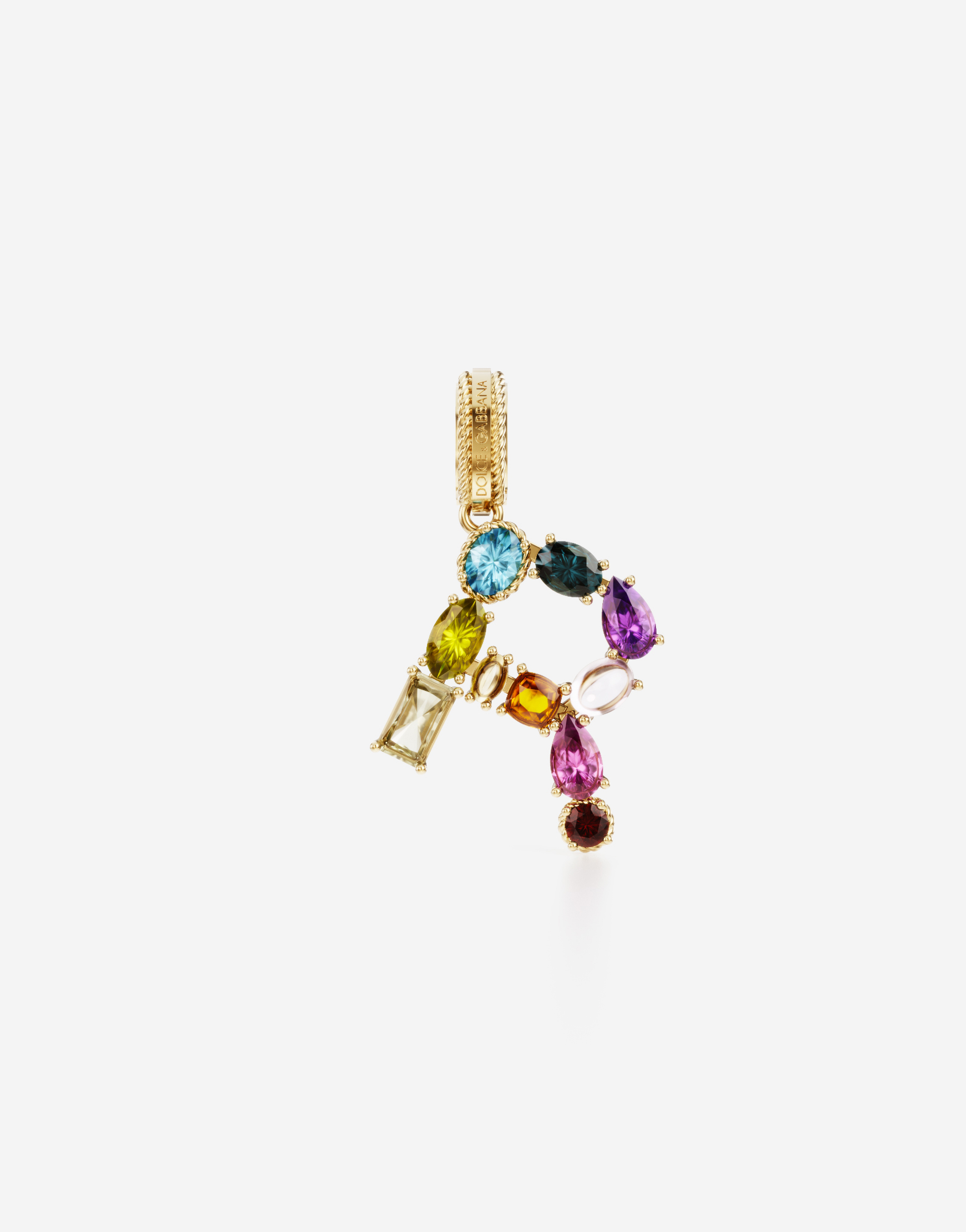 Rainbow alphabet R 18 kt yellow gold charm with multicolor fine gems in Gold