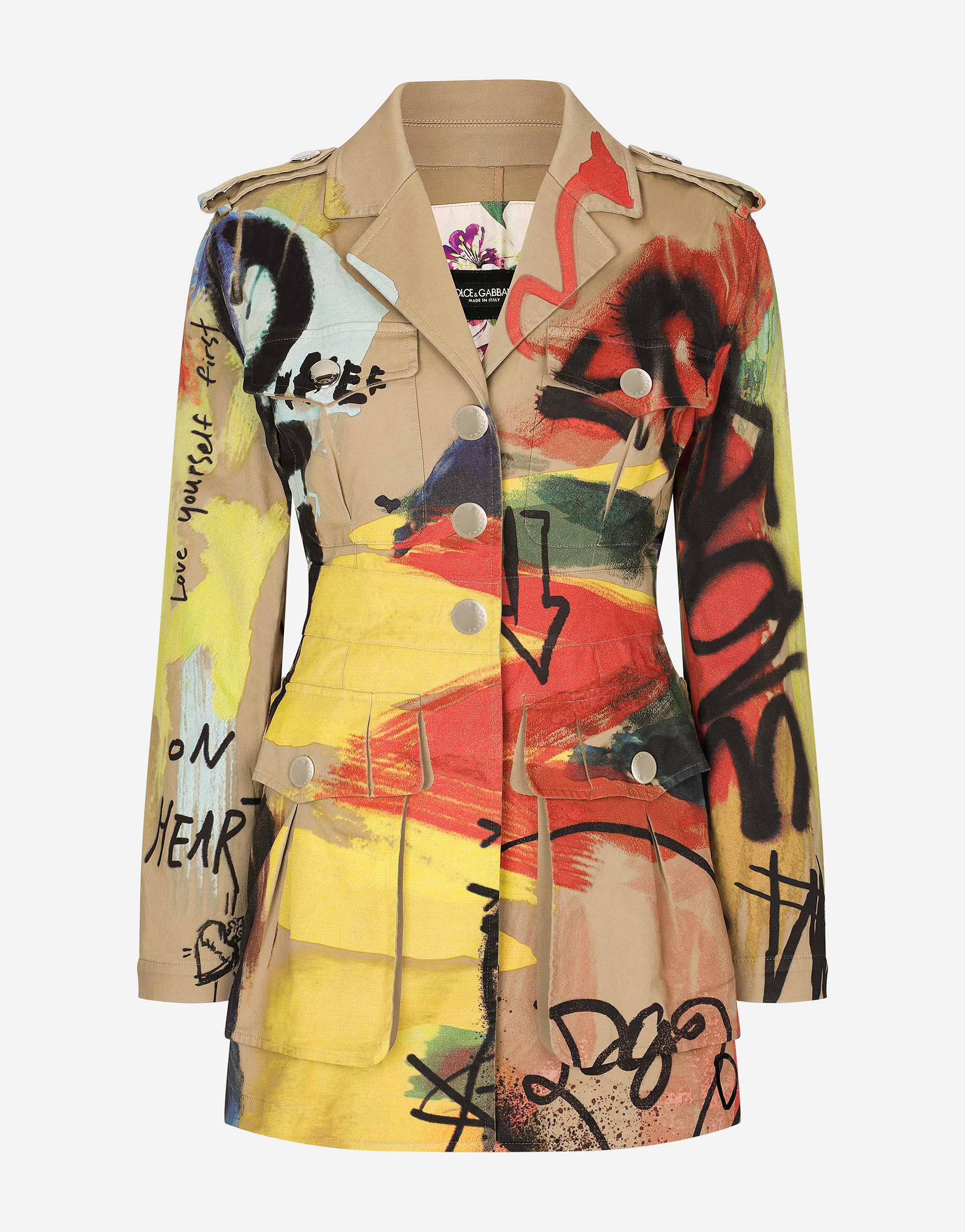 Graffiti-print gabardine trench coat in Multicolor