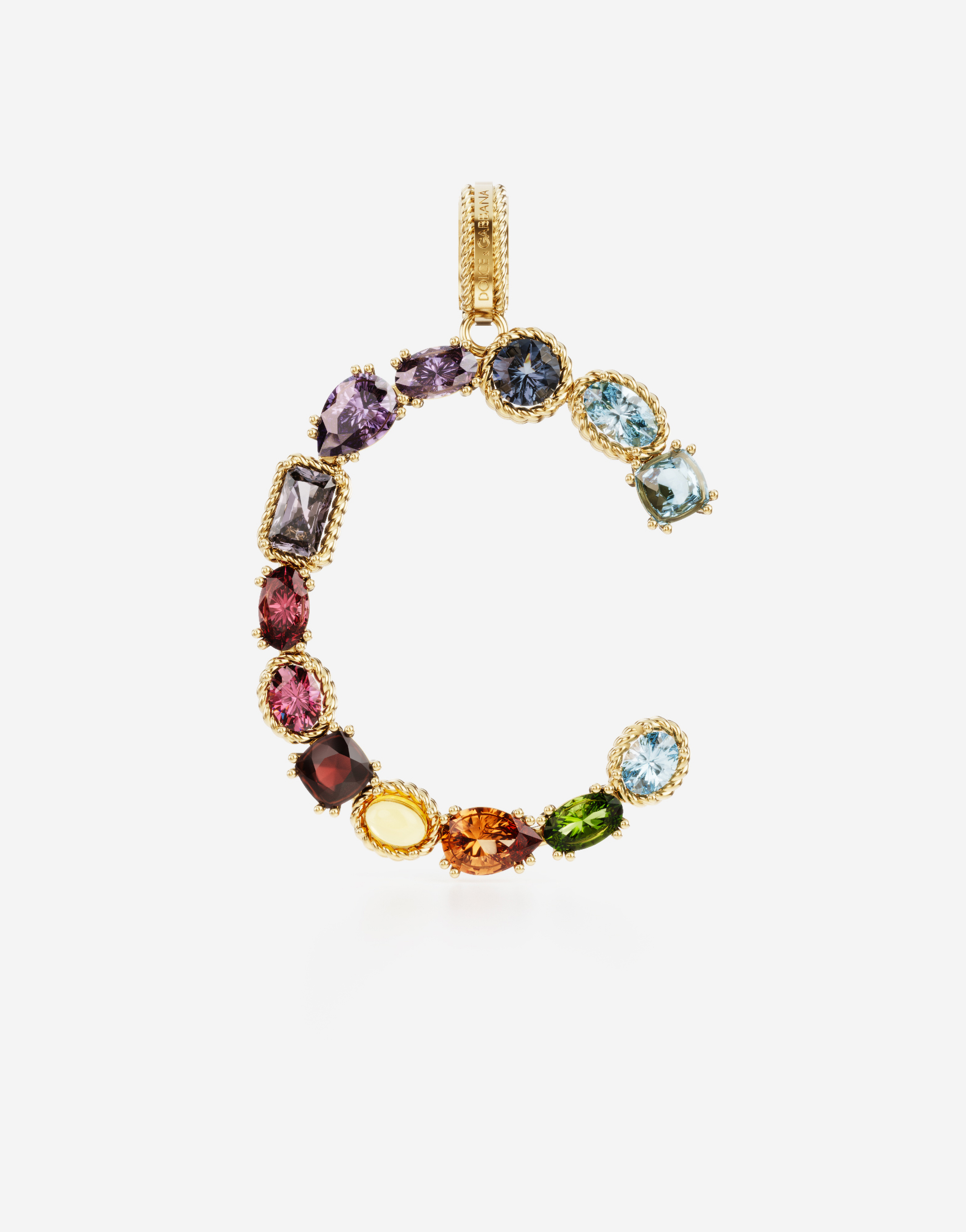 Rainbow alphabet C 18 kt yellow gold charm with multicolor fine gems in Gold