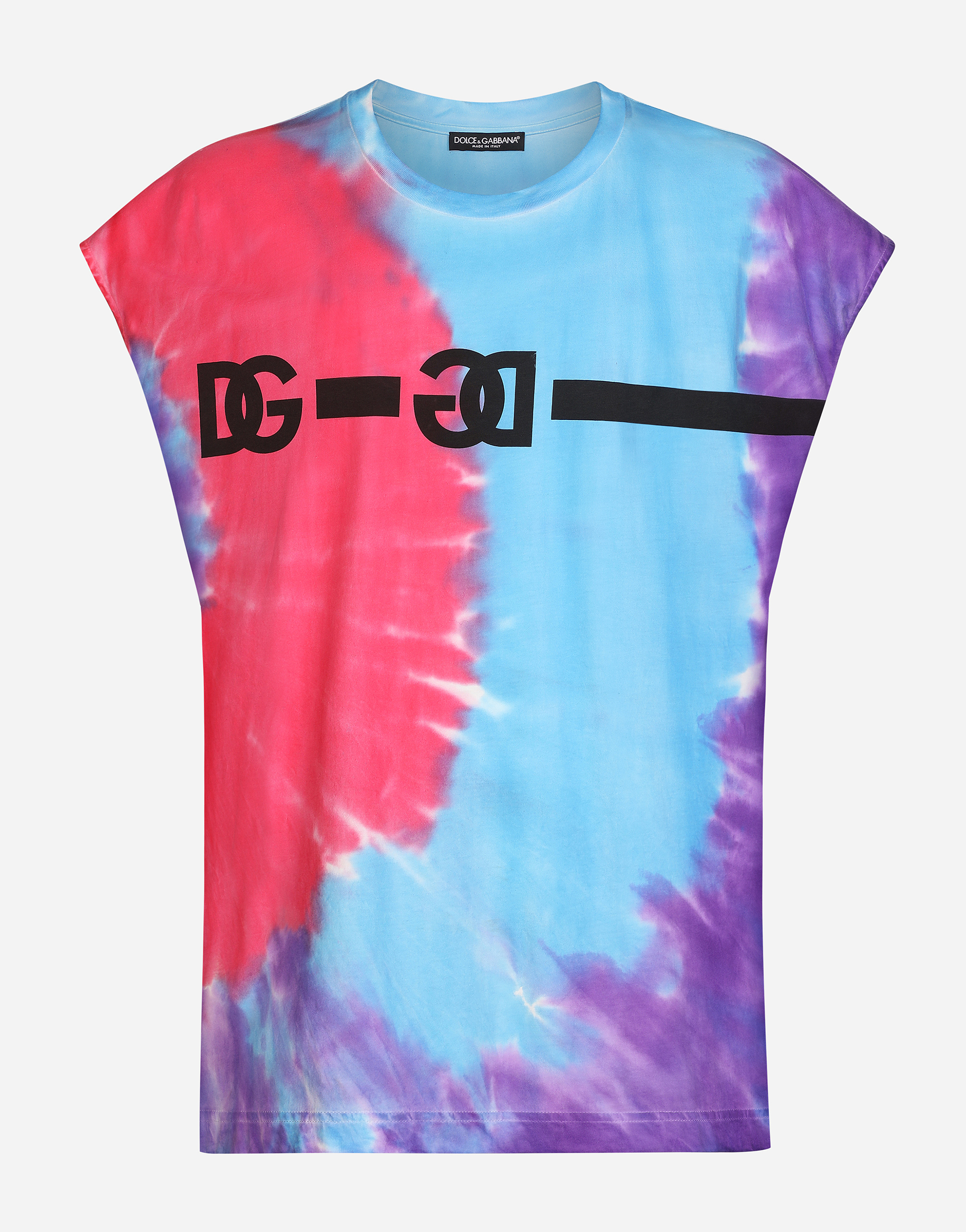 Sleeveless tie-dye cotton T-shirt with DG print in Multicolor