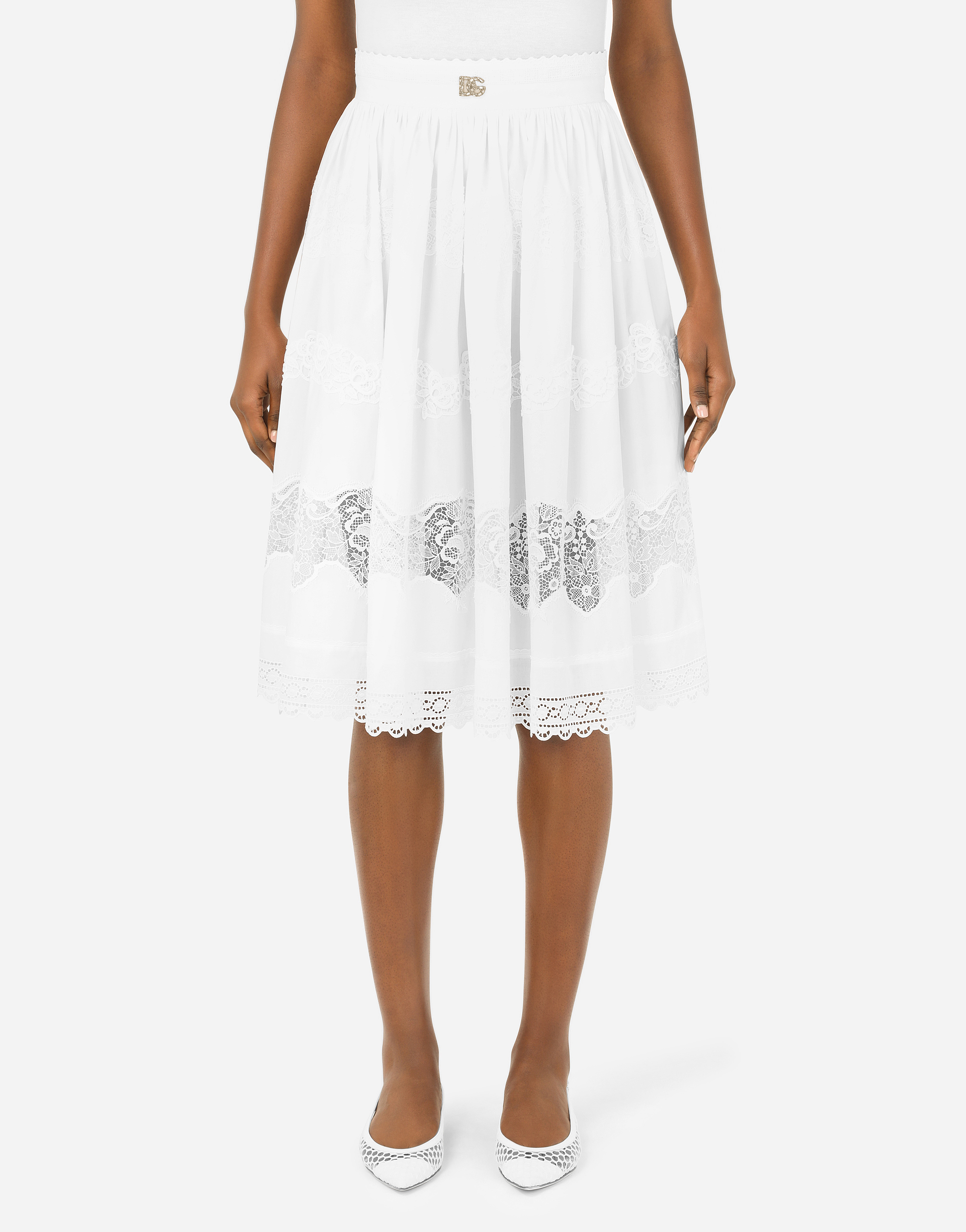 Embroidered cotton midi skirt in White