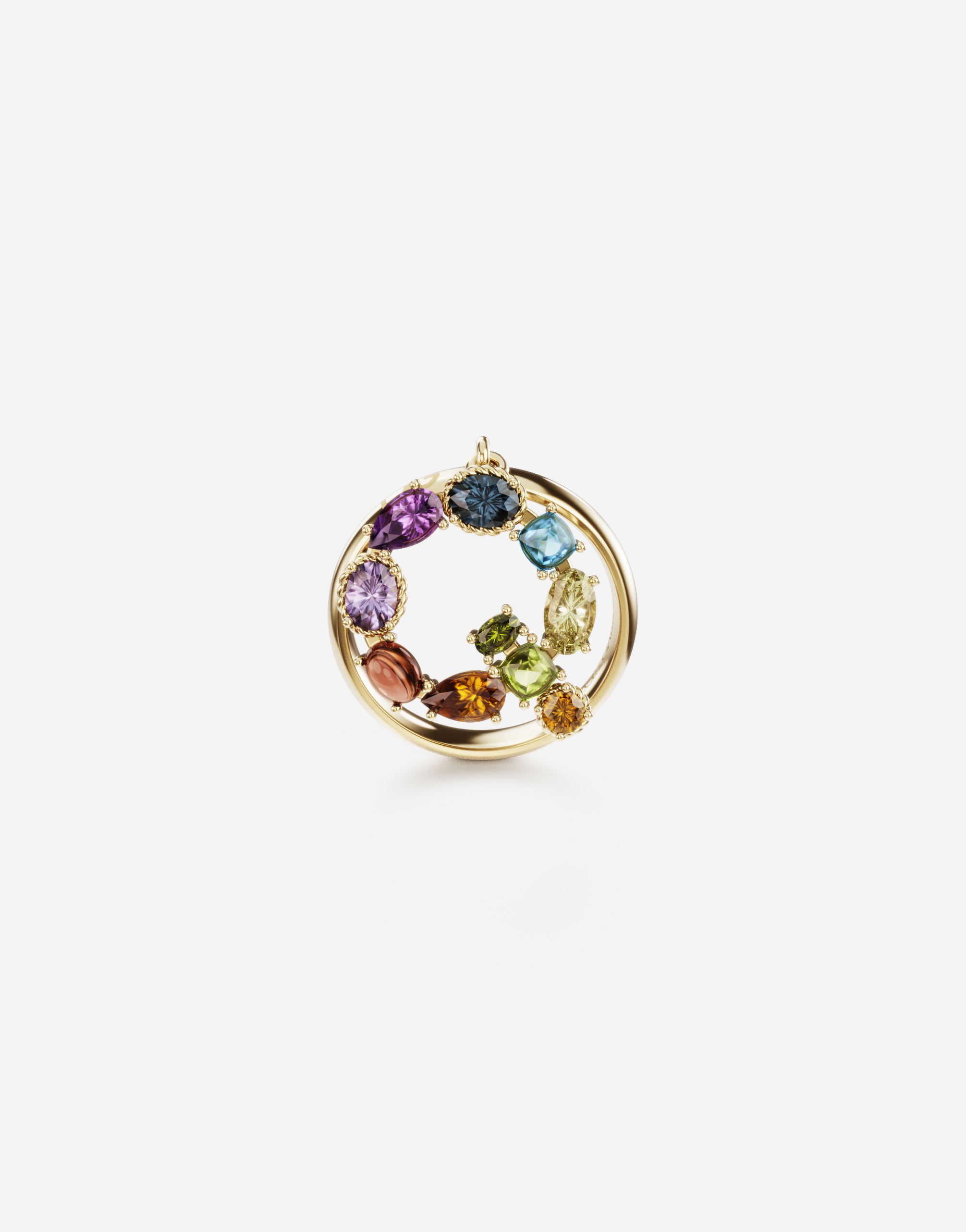 Rainbow alphabet Q ring in yellow gold with multicolor fine gems in Gold