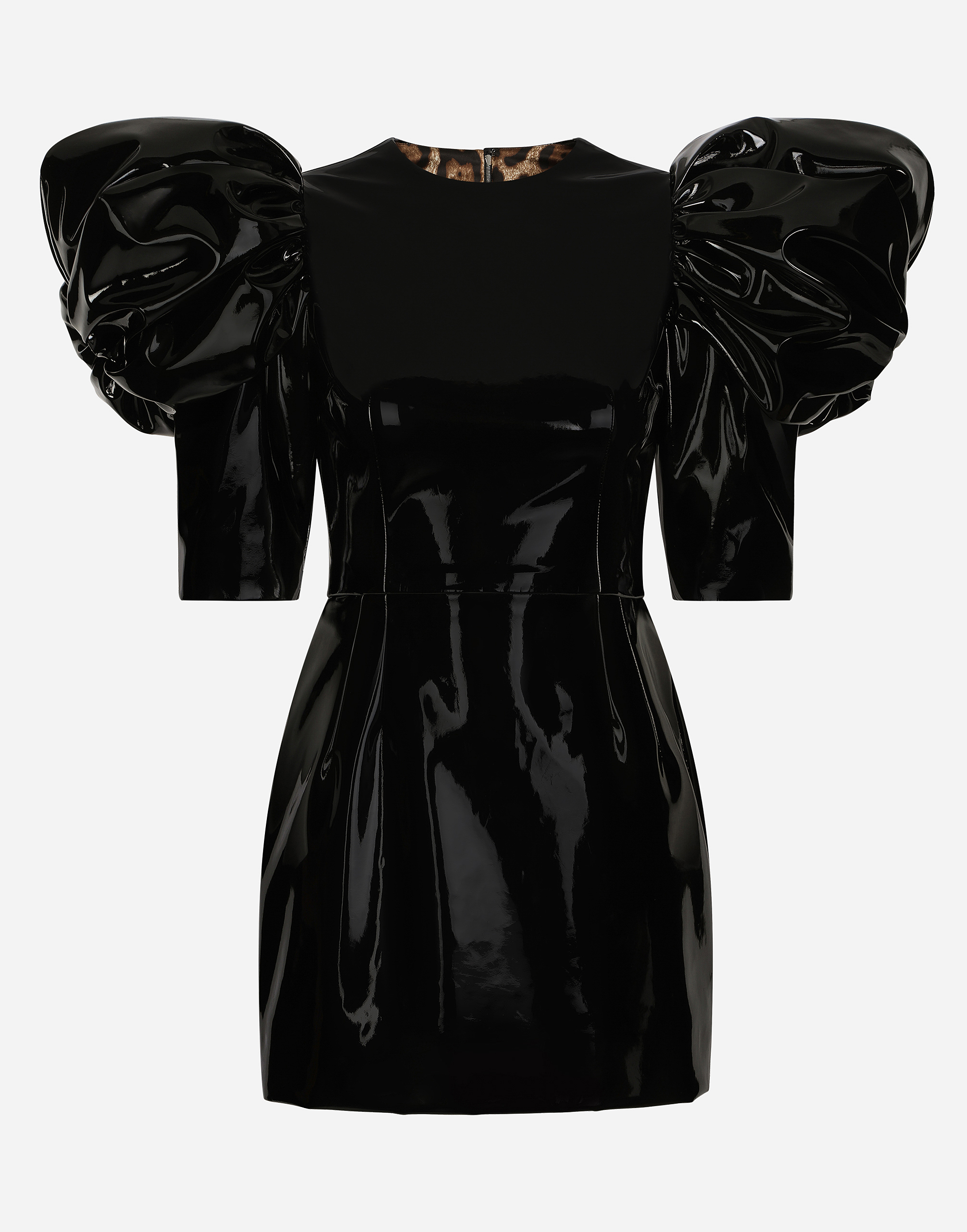Short patent leather dress with puff sleeves in Black