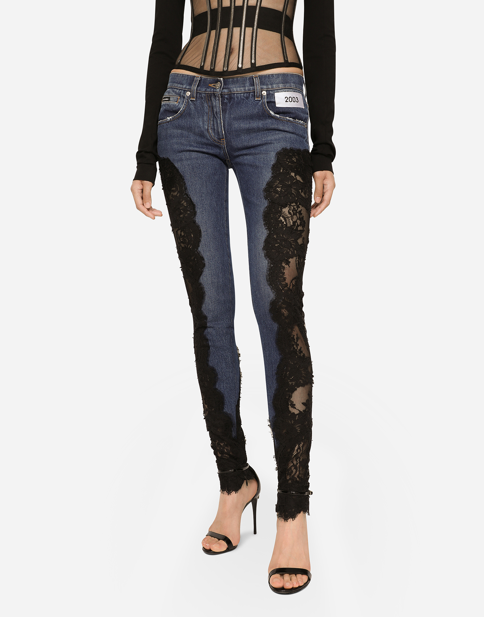 Shop Dolce & Gabbana Denim Jeans With Lace Inlay In Multicolor