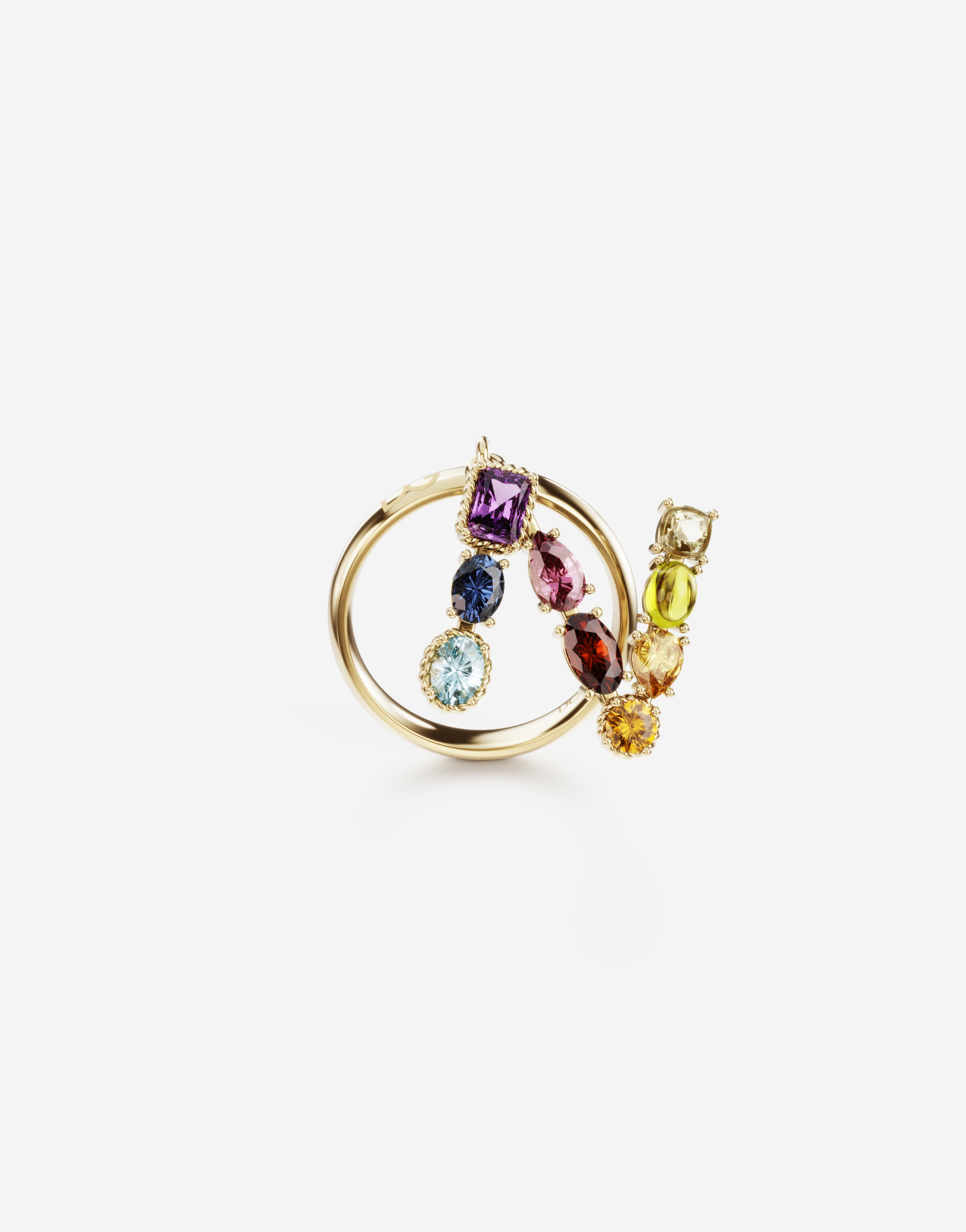 Rainbow alphabet N ring in yellow gold with multicolor fine gems in Gold