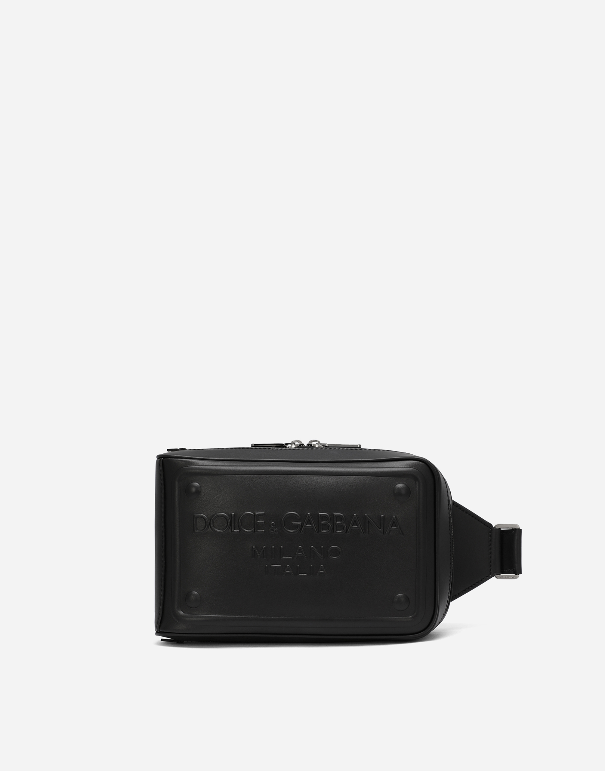 Calfskin belt bag with raised logo in Black