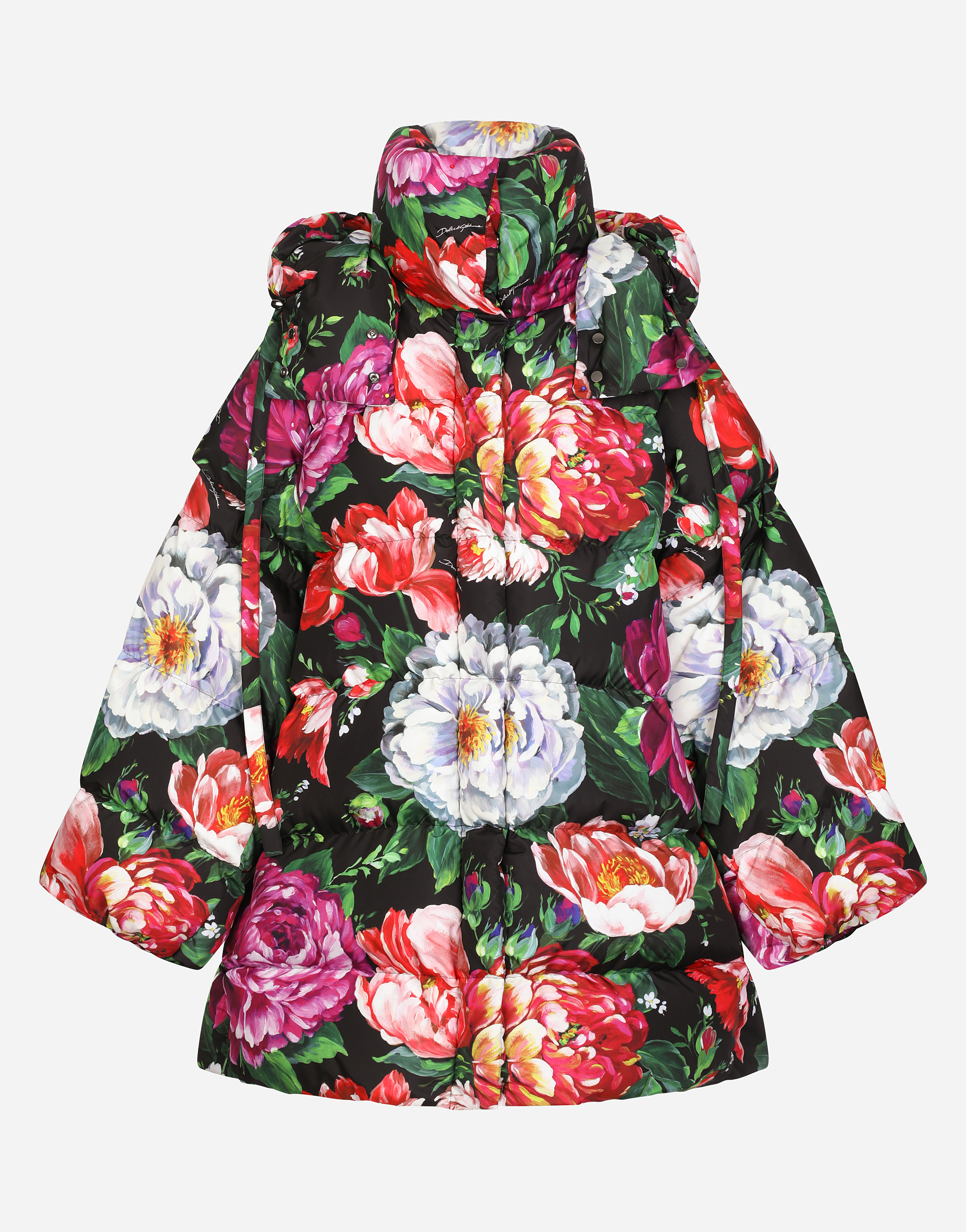Long nylon down jacket with pictorial floral print in Multicolor