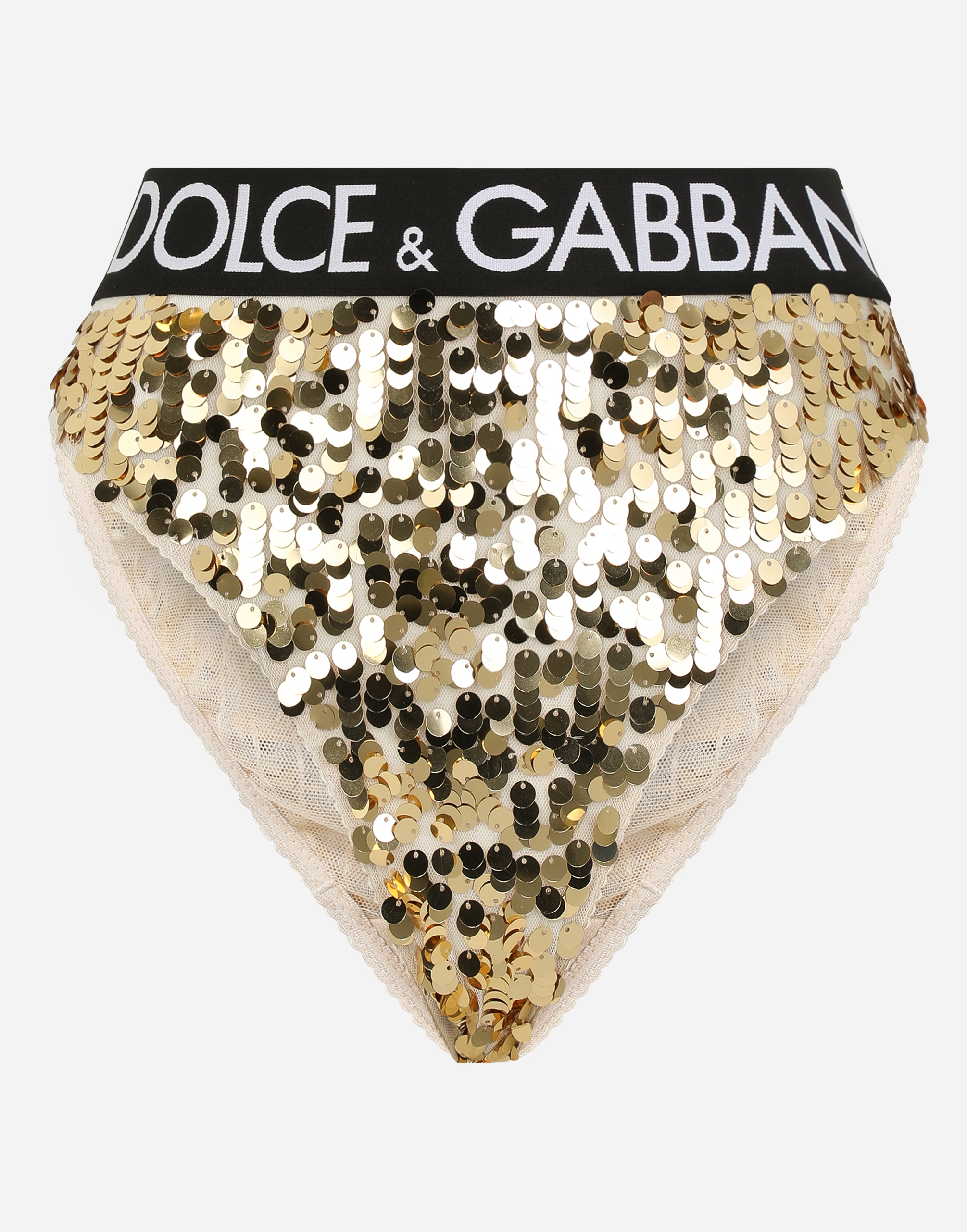 Sequined high-waisted briefs with branded elastic in Gold