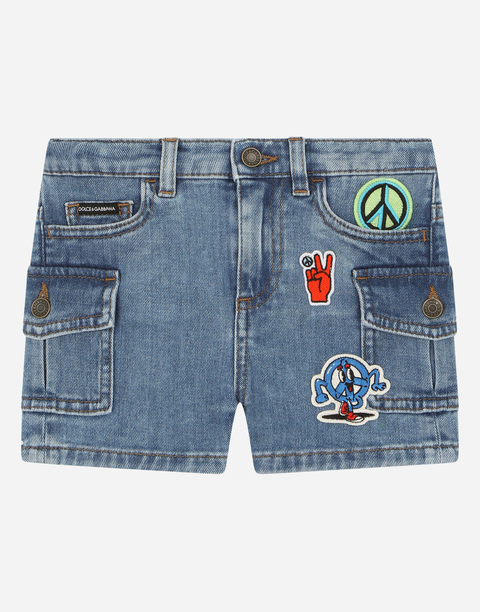 Stretch denim shorts with decorative patches in Azure