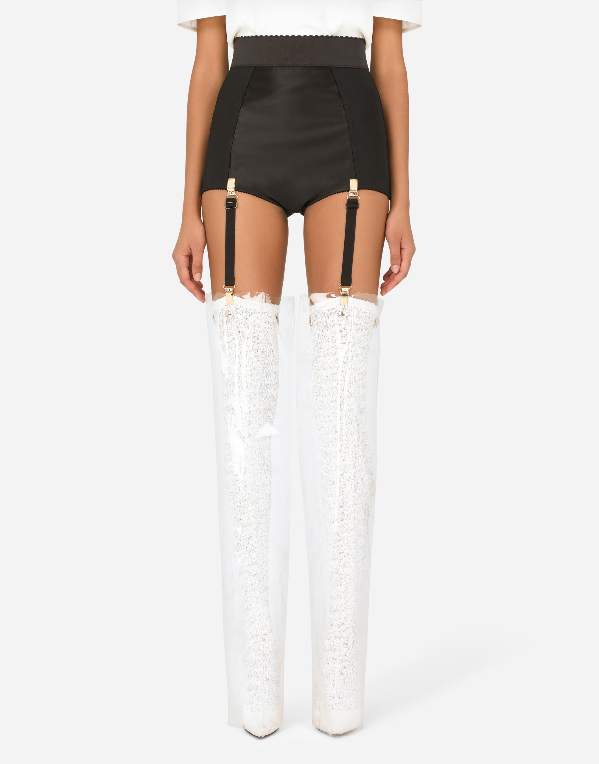 Sequined thigh high boots in White