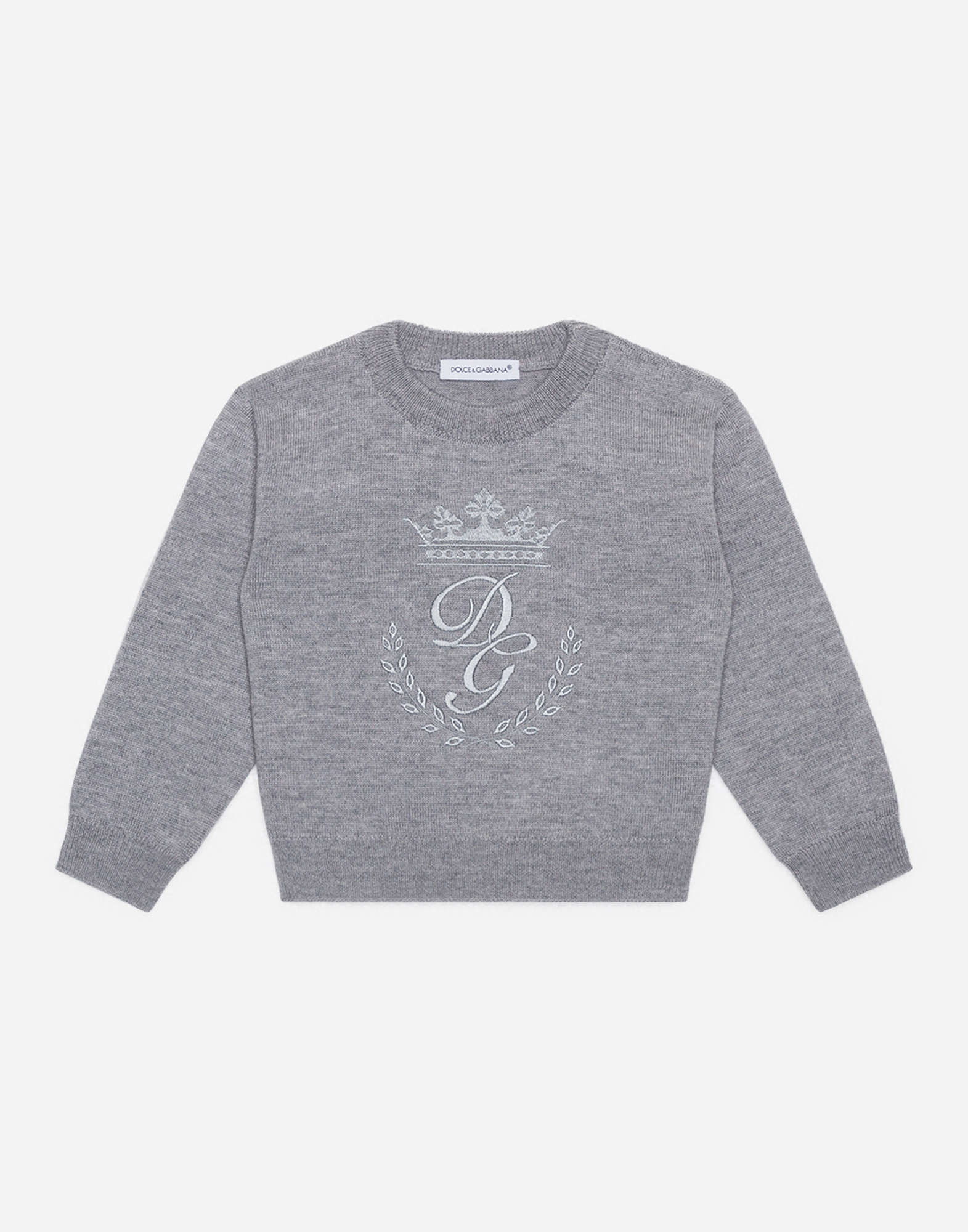 Crew neck wool sweater with heritage embroidery in Grey